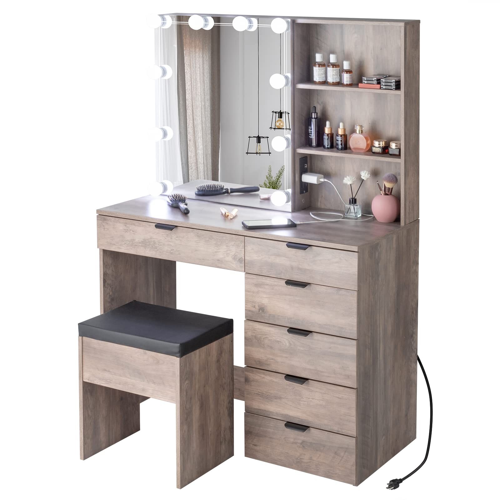 Makeup Vanity Desk Set with Lighted Mirror 10 Bulbs Shelves 6 Drawers Stool Grey