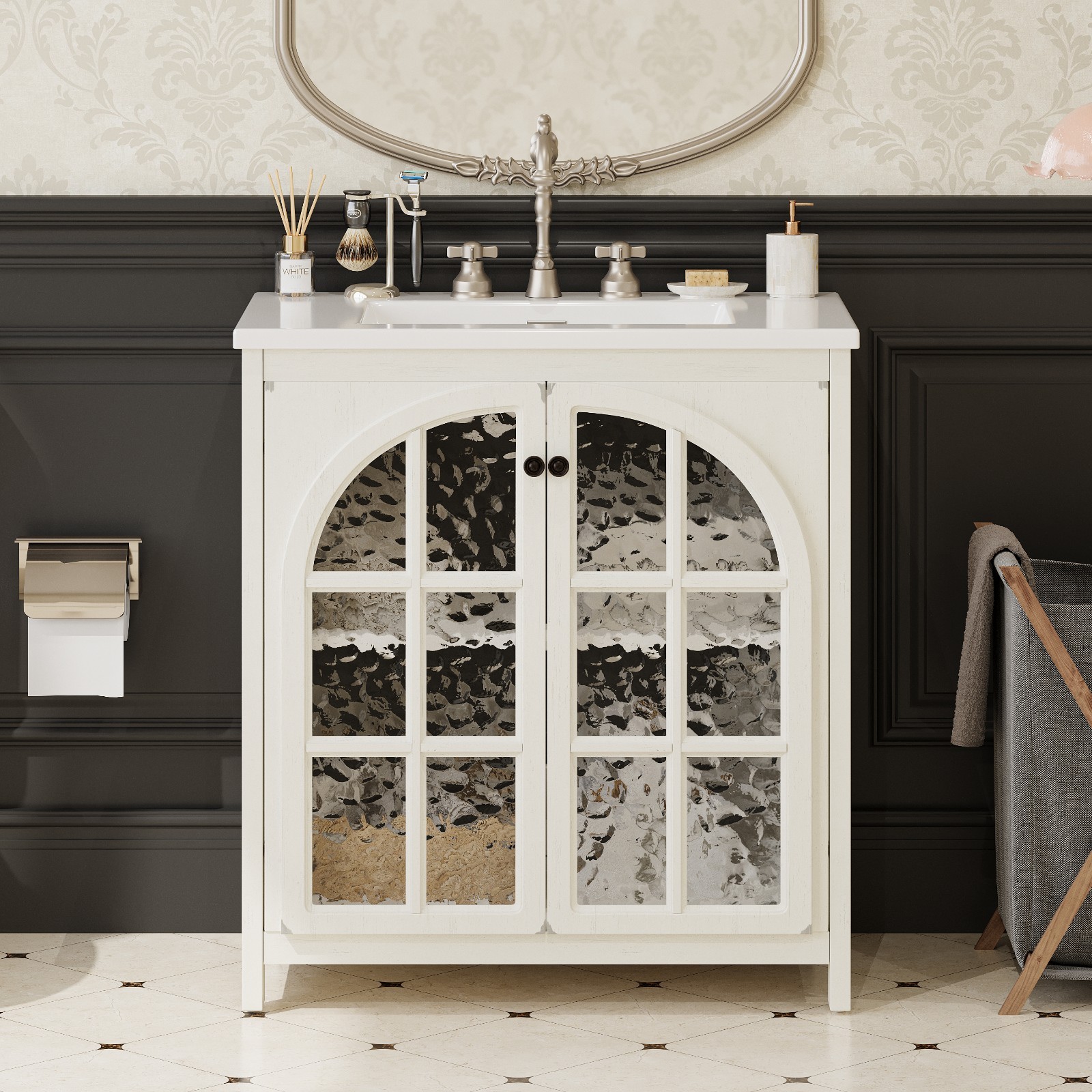 30 Inches Bathroom Vanity with Ceramic Sink,Vintage Rustic Bathroom Cabinet
