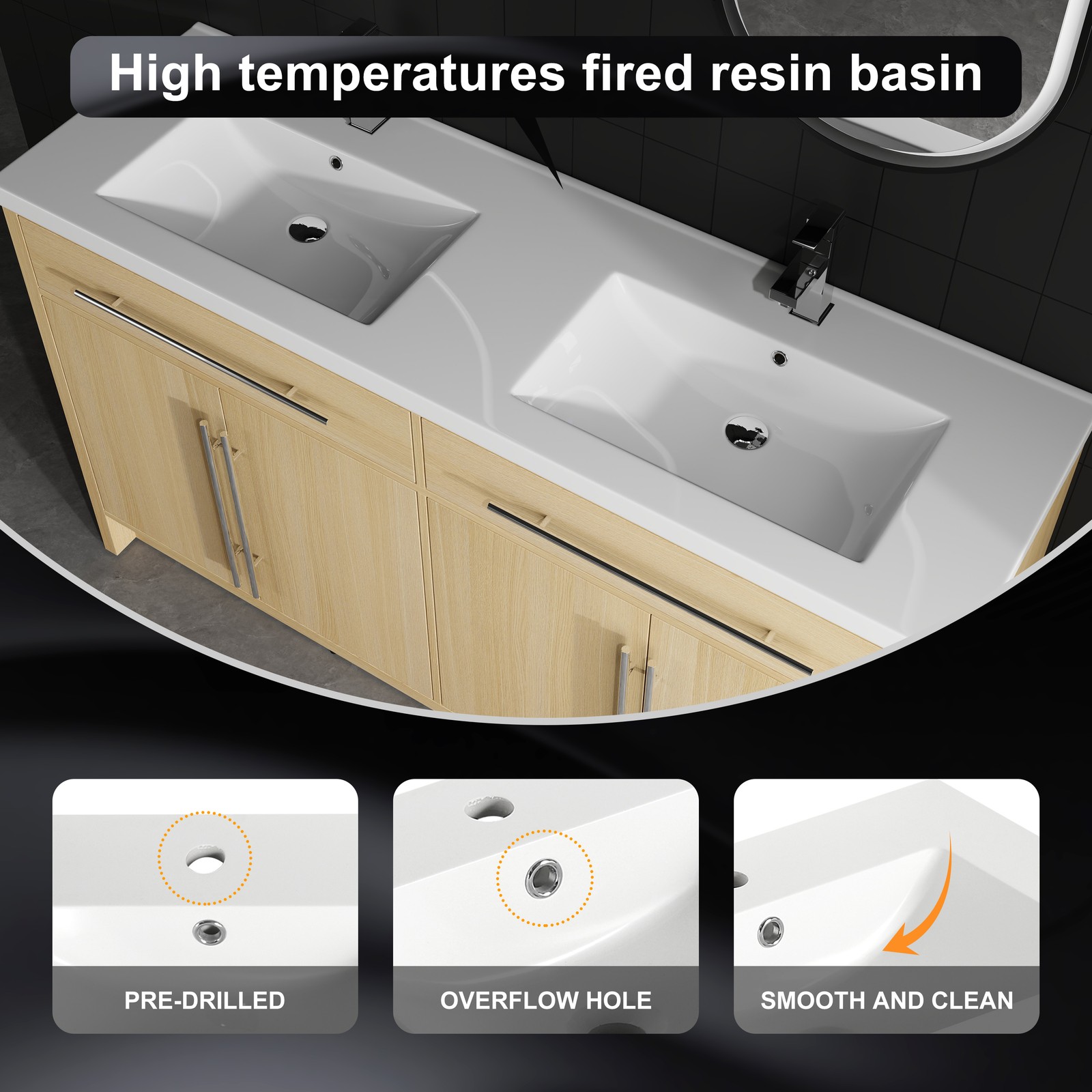 60 inch Plywood Bathroom Vanity Freestanding Double Resin Sink Storage W/2 Doors