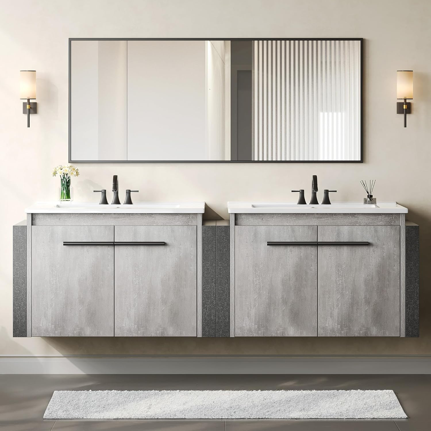 Modern 24″ Grey Floating Vanity with Sink, Soft-Close Doors, 53″ Total Width