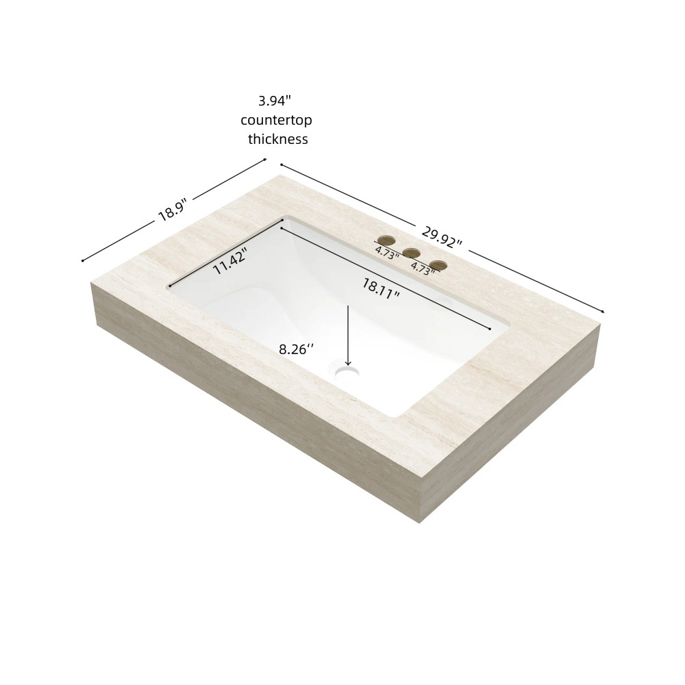 Sintered Stone Vanity Top w/ Undermount Ceramic Sink, 3 Faucet Holes, Beige