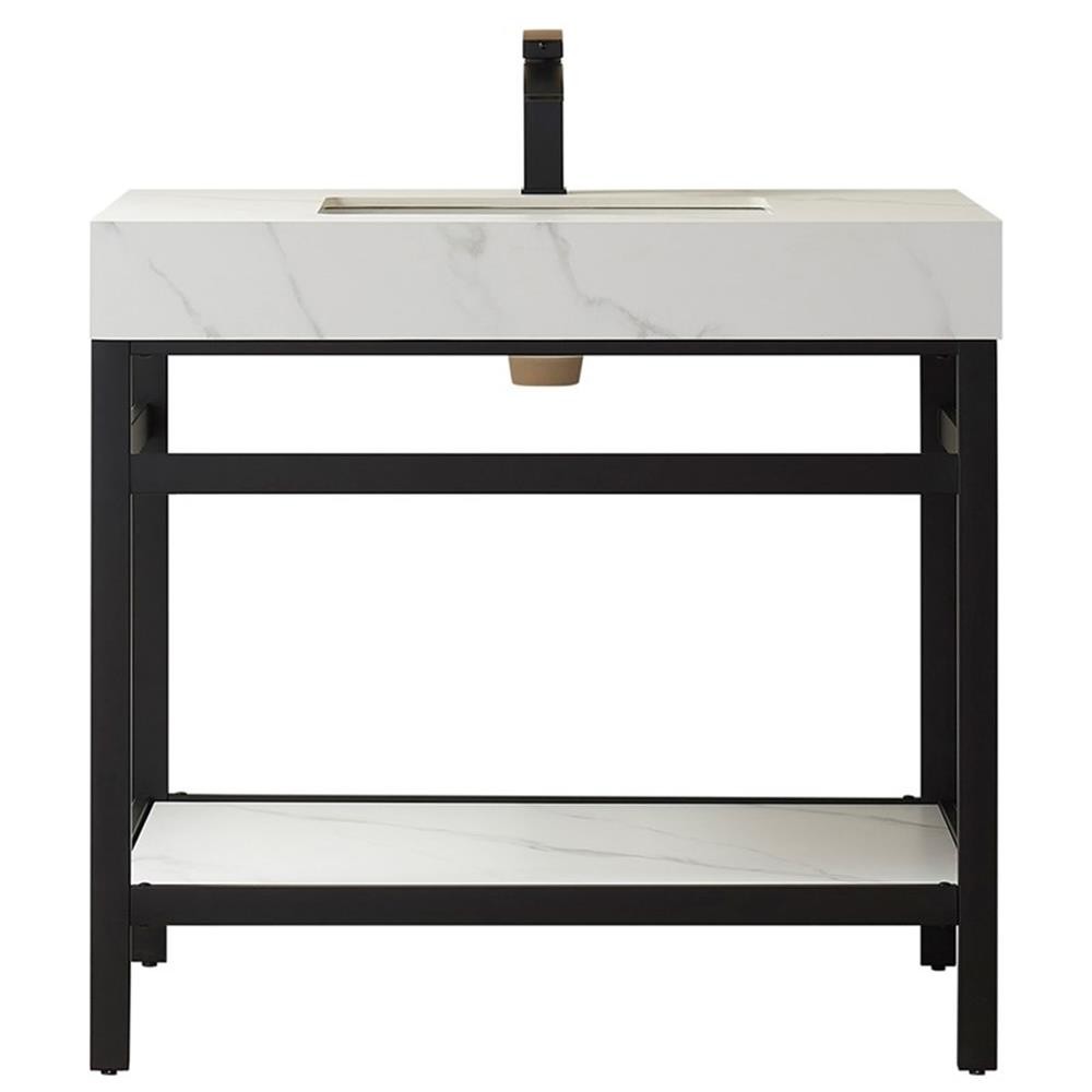 Funes 36″ Single Sink Bathroom Vanity in Matte Black Frame White Top No Mirror