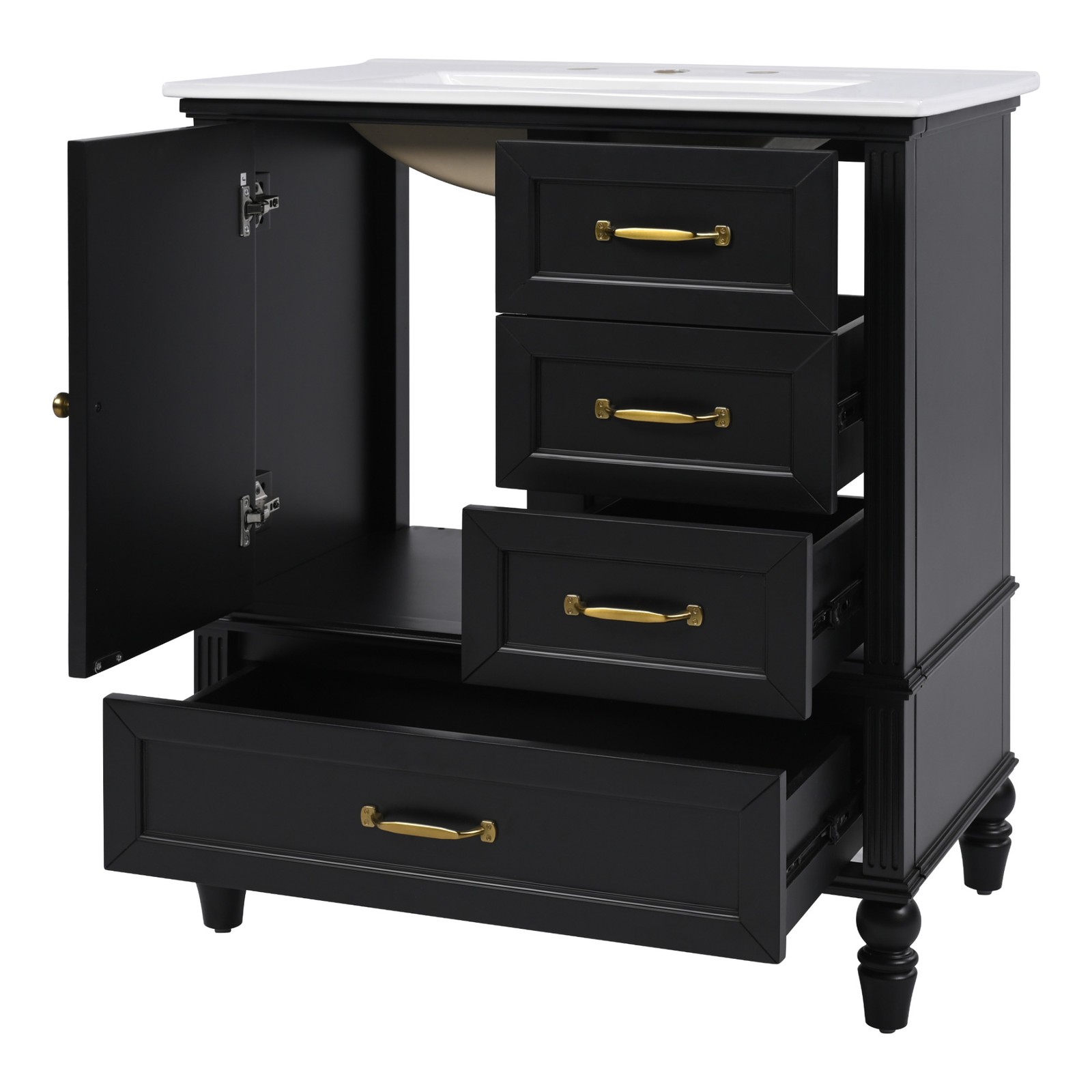 30″ Bathroom Vanity with Sink, Bathroom Cabinet with A Door, Three Drawers Black