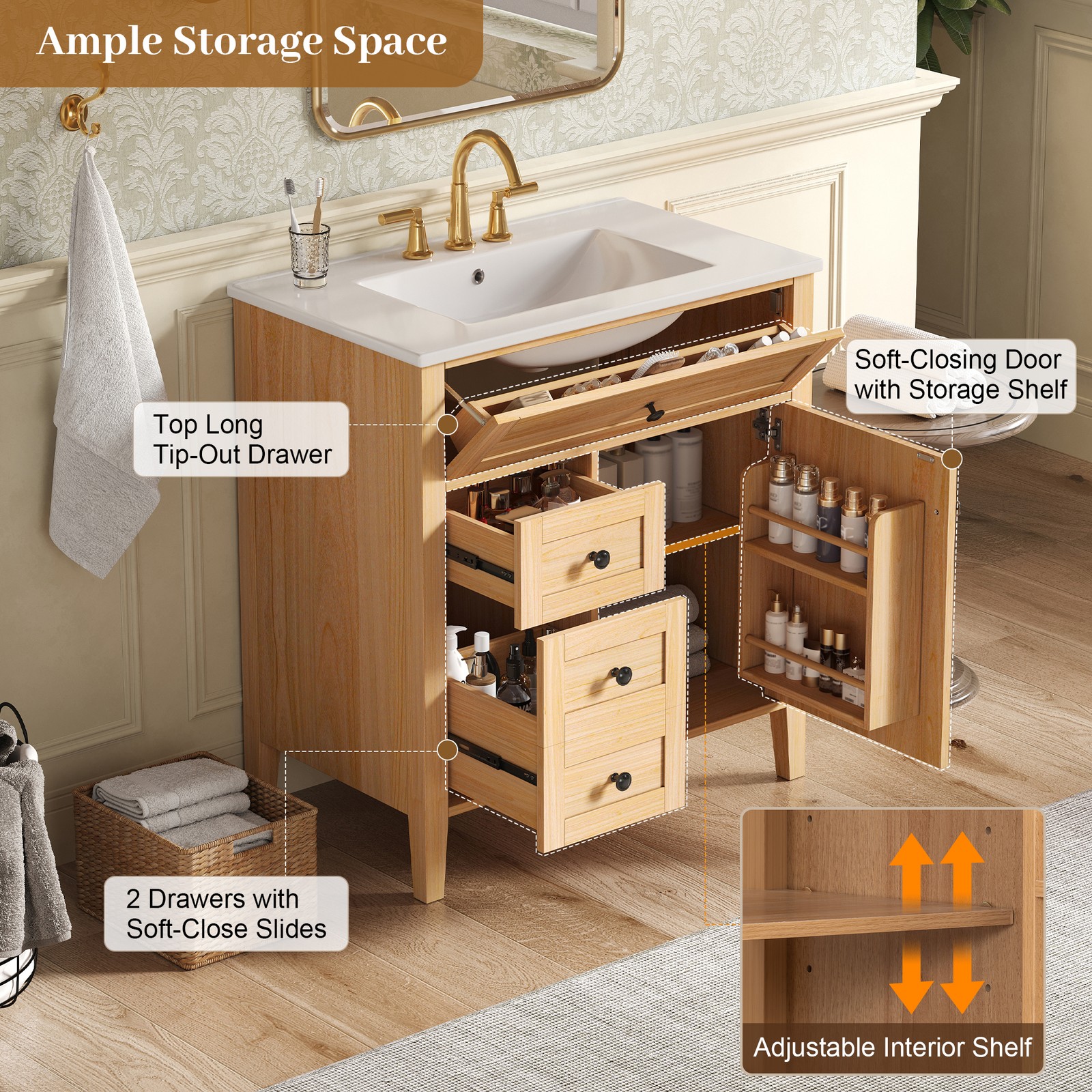 30″ Bathroom Vanity with Sink, 3 Drawers, Freestanding Vanity Storage Cabinet