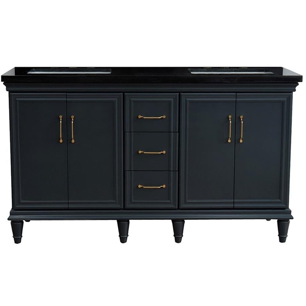 61 in. Double Wooden Vanity Dark Gray Black Galaxy Granite Rectangle Sink