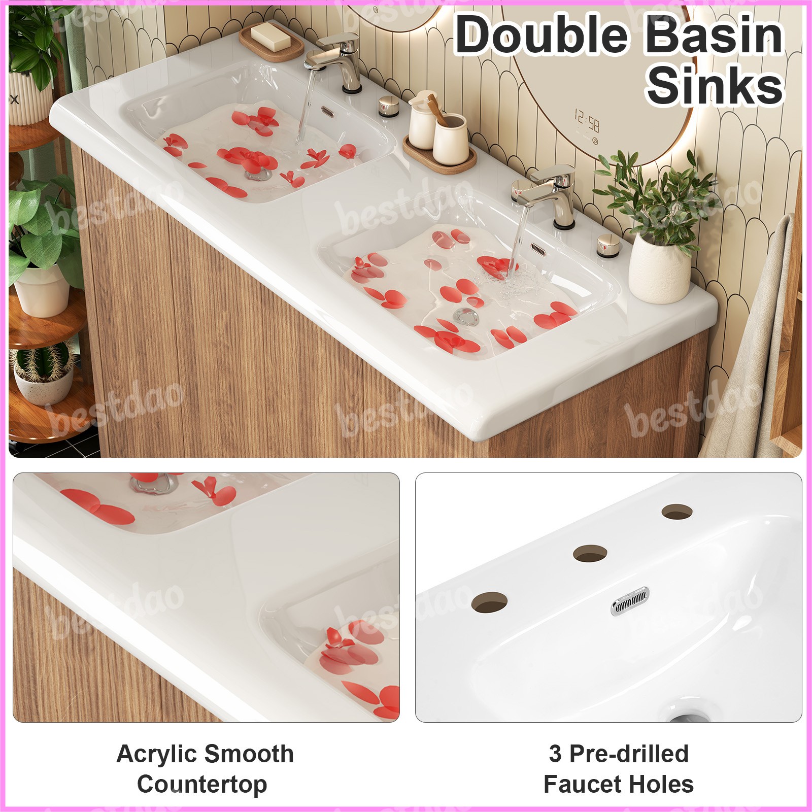 47″ Bathroom Vanity Set Wooden Cabinet with Double Ceramic Drop in Sink Top