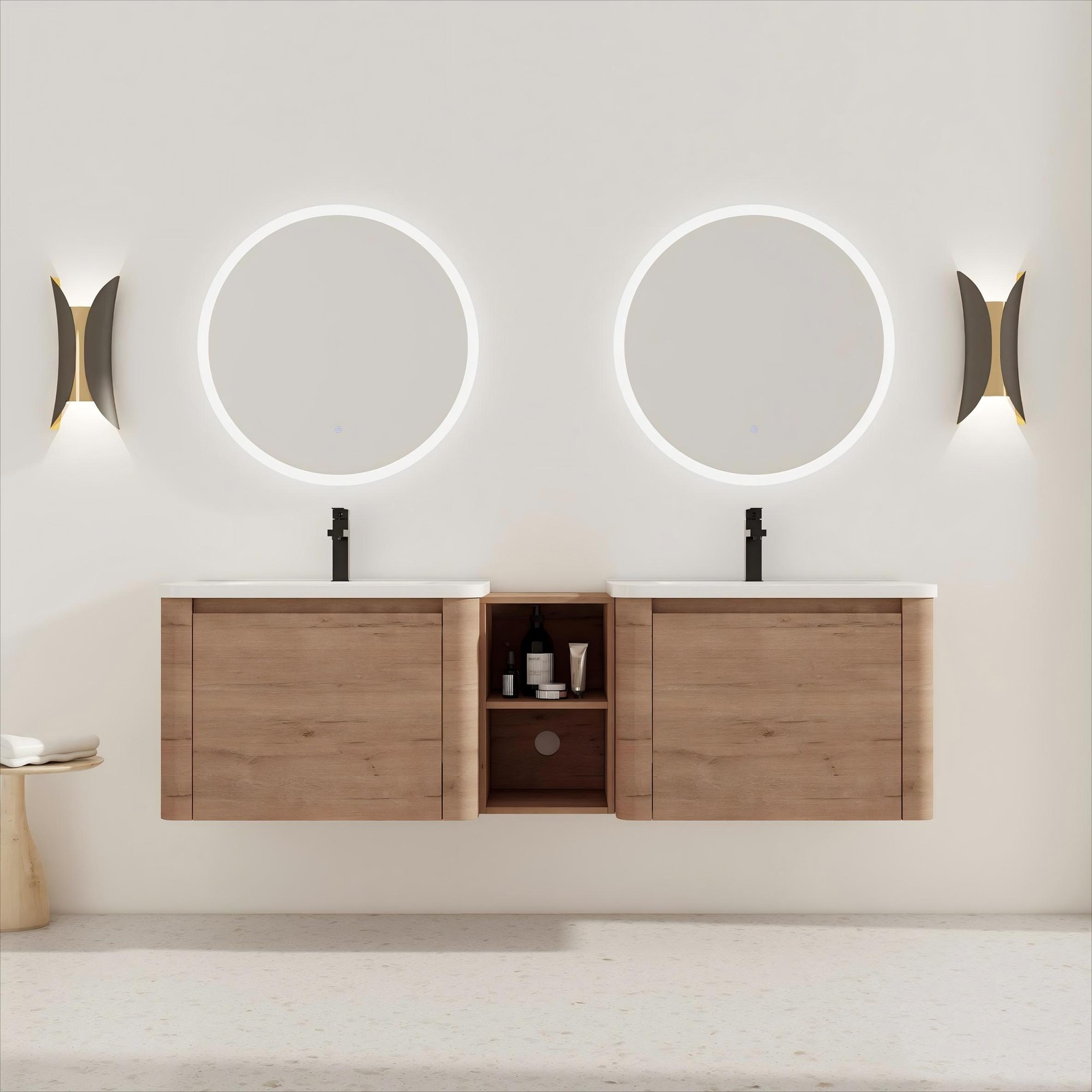 68in Wall-Mounted Bathroom Vanity W/ Double White Ceramic Basin Shelves Plywood