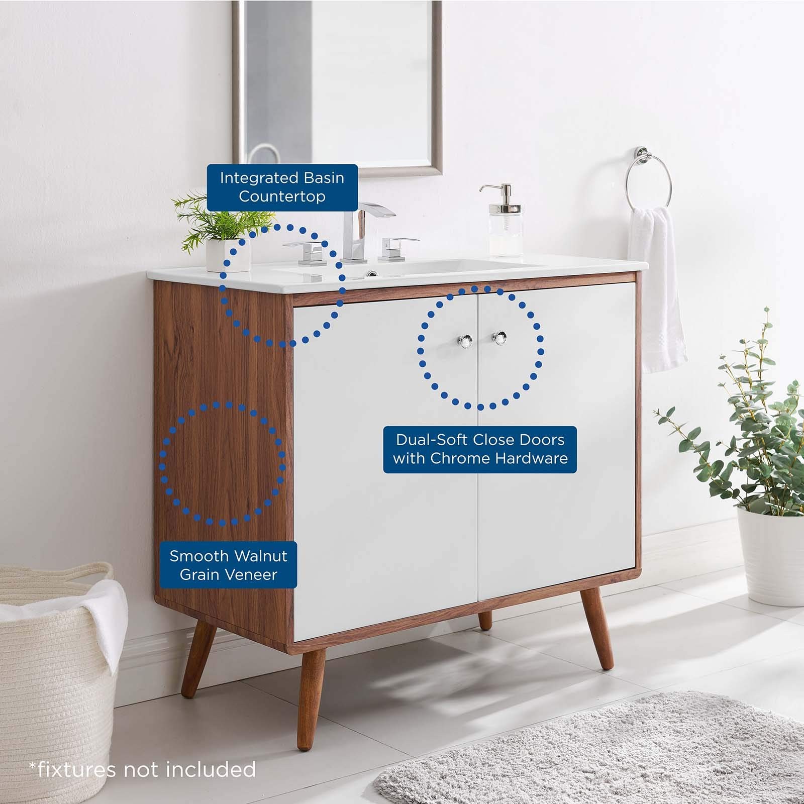 Modway Transmit 36″ Modern Wood and Ceramic Bathroom Vanity in Walnut/White
