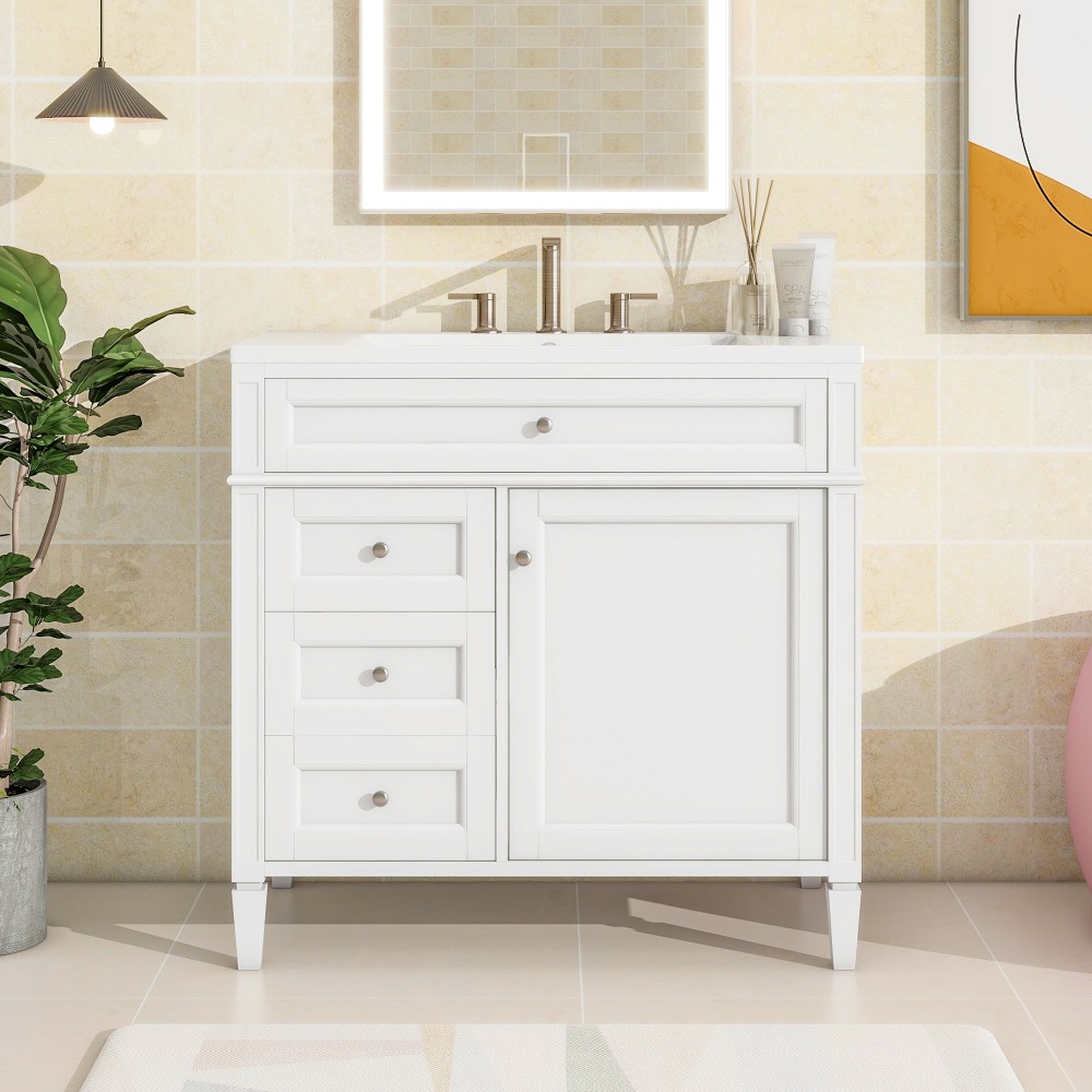 36 Inch Single Sink Bathroom Vanity Gloss Ceramic Top Storage Drawers