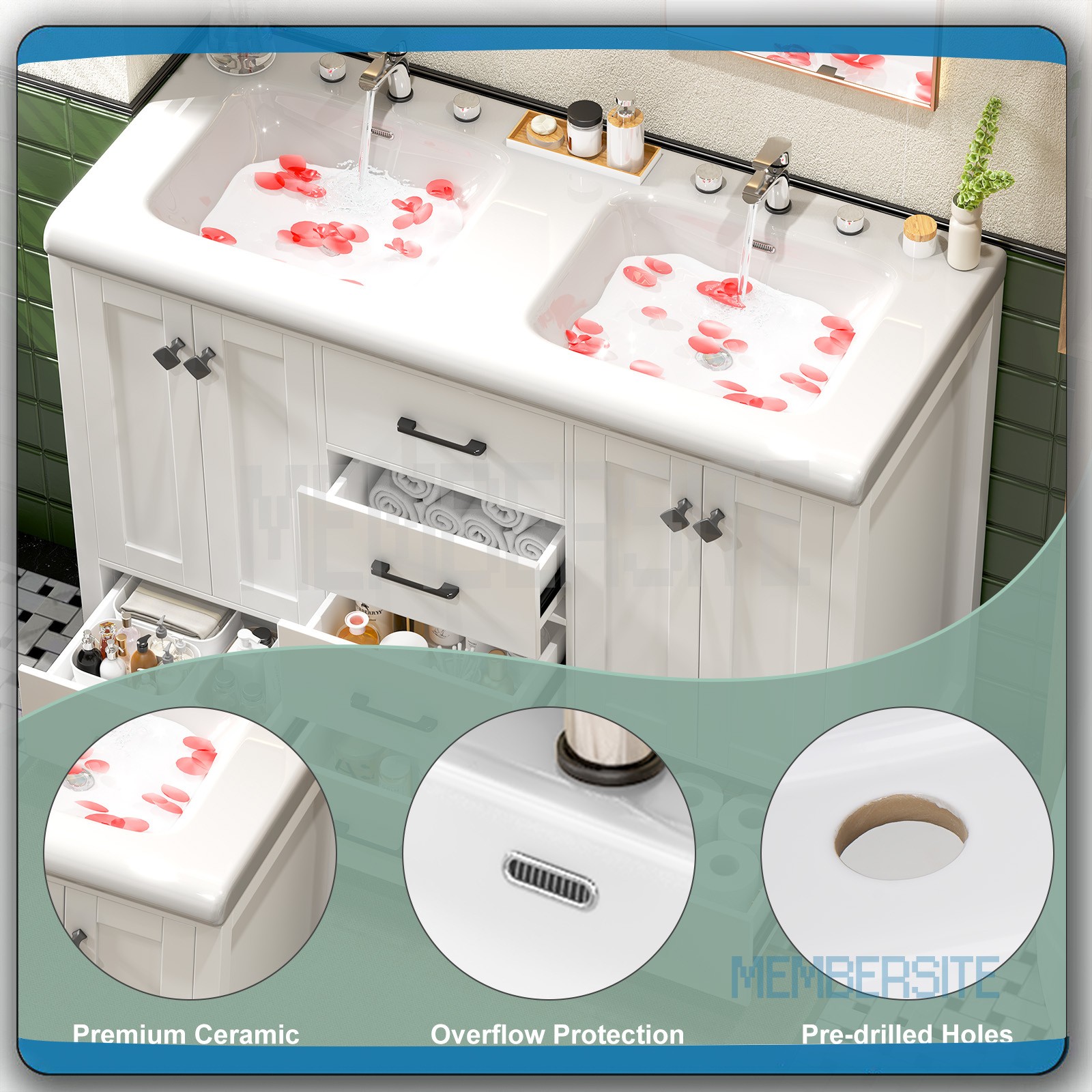 47.3″ Bathroom Vanity w/Double Ceramic Sinks Cabinet and 5 Drawers Freestanding