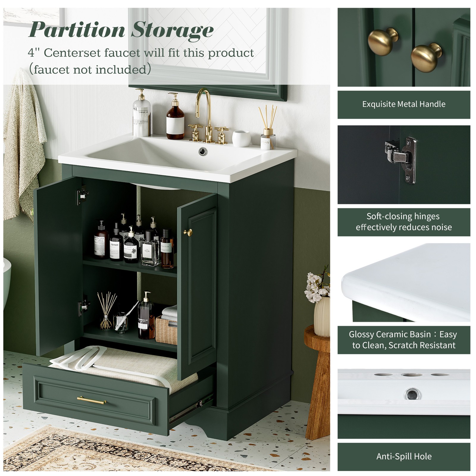 Bathroom dressing table, ceramic sink set, with silver handle, soft closing door