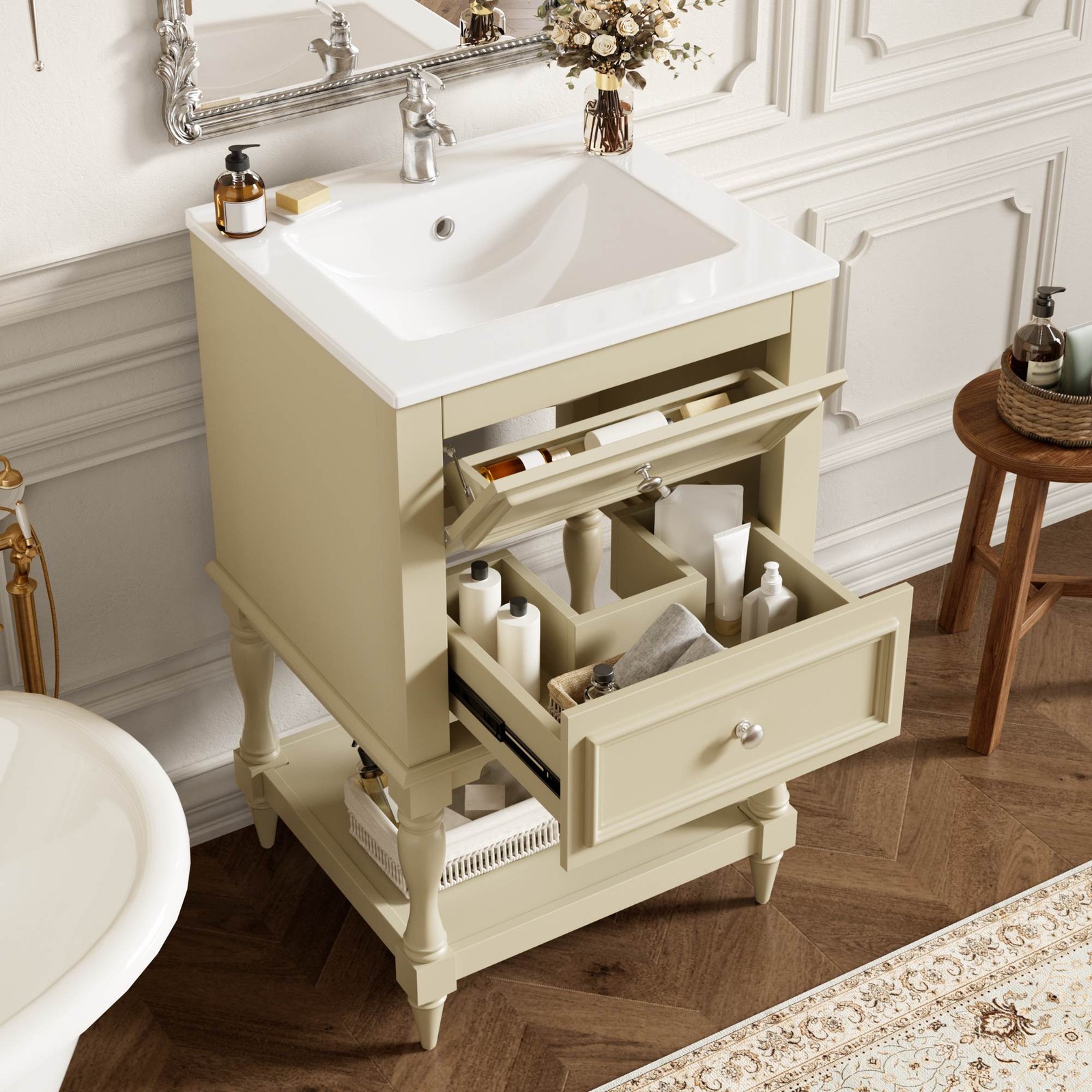 FUNIDEE 20” Bathroom Vanity Set Storage Cabinet with Ceramic Sink Combo Beige