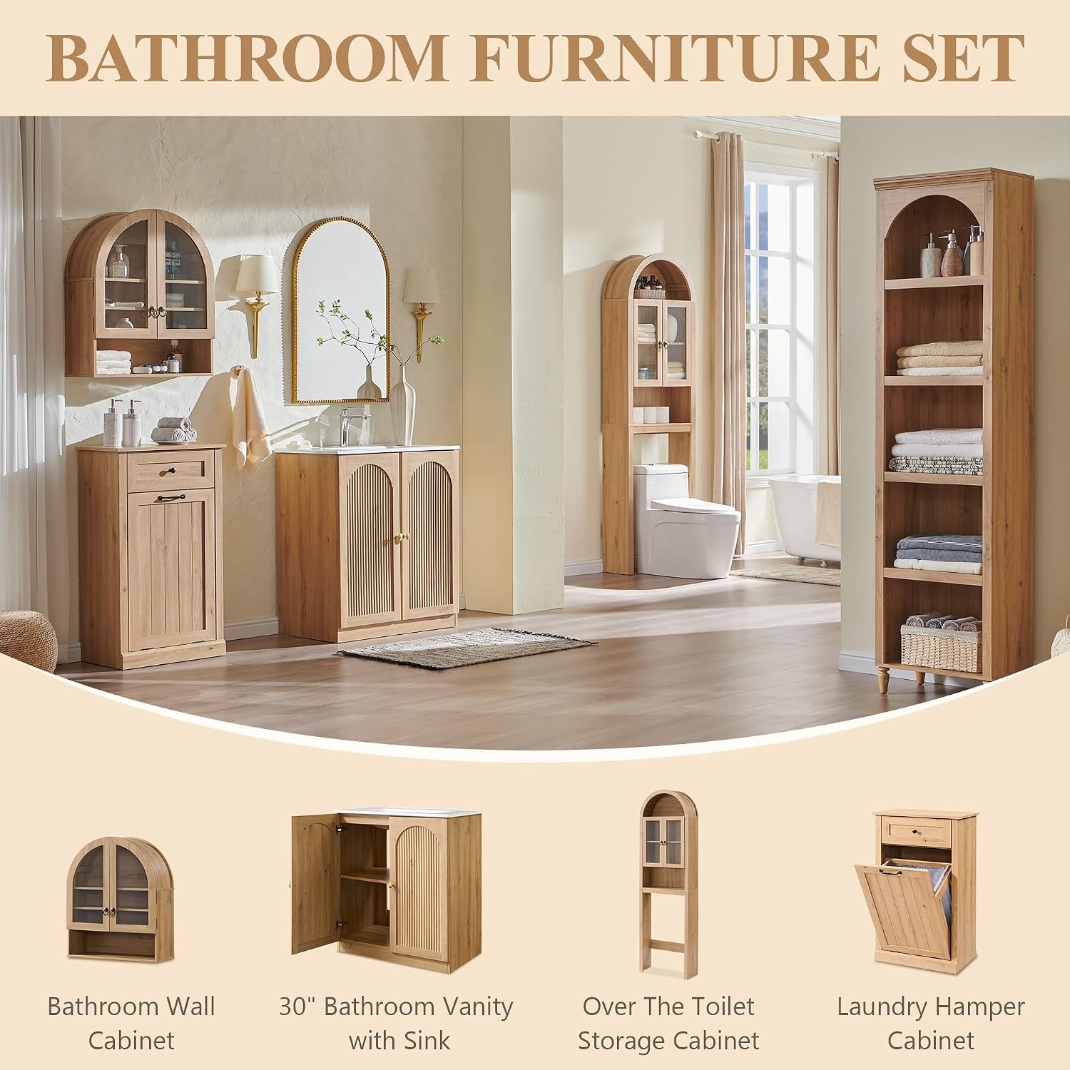 Modern Bathroom Vanity W/ Sink 30 Inch Arched Fluted Bathroom Vanity Cabinet