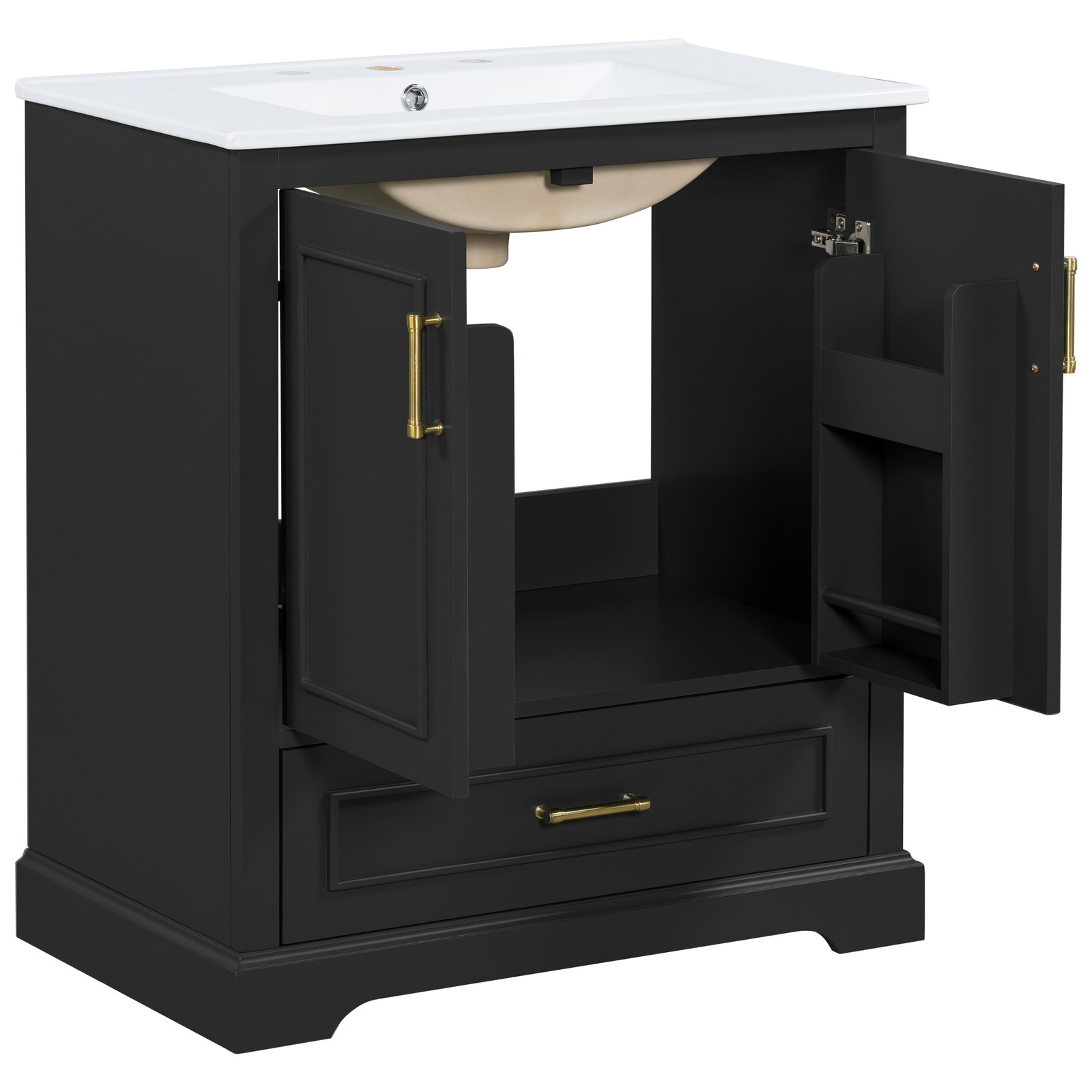 30″ Bathroom Vanity w/ Sink, Black, Soft-Close Doors & Drawer, Solid Wood+MDF