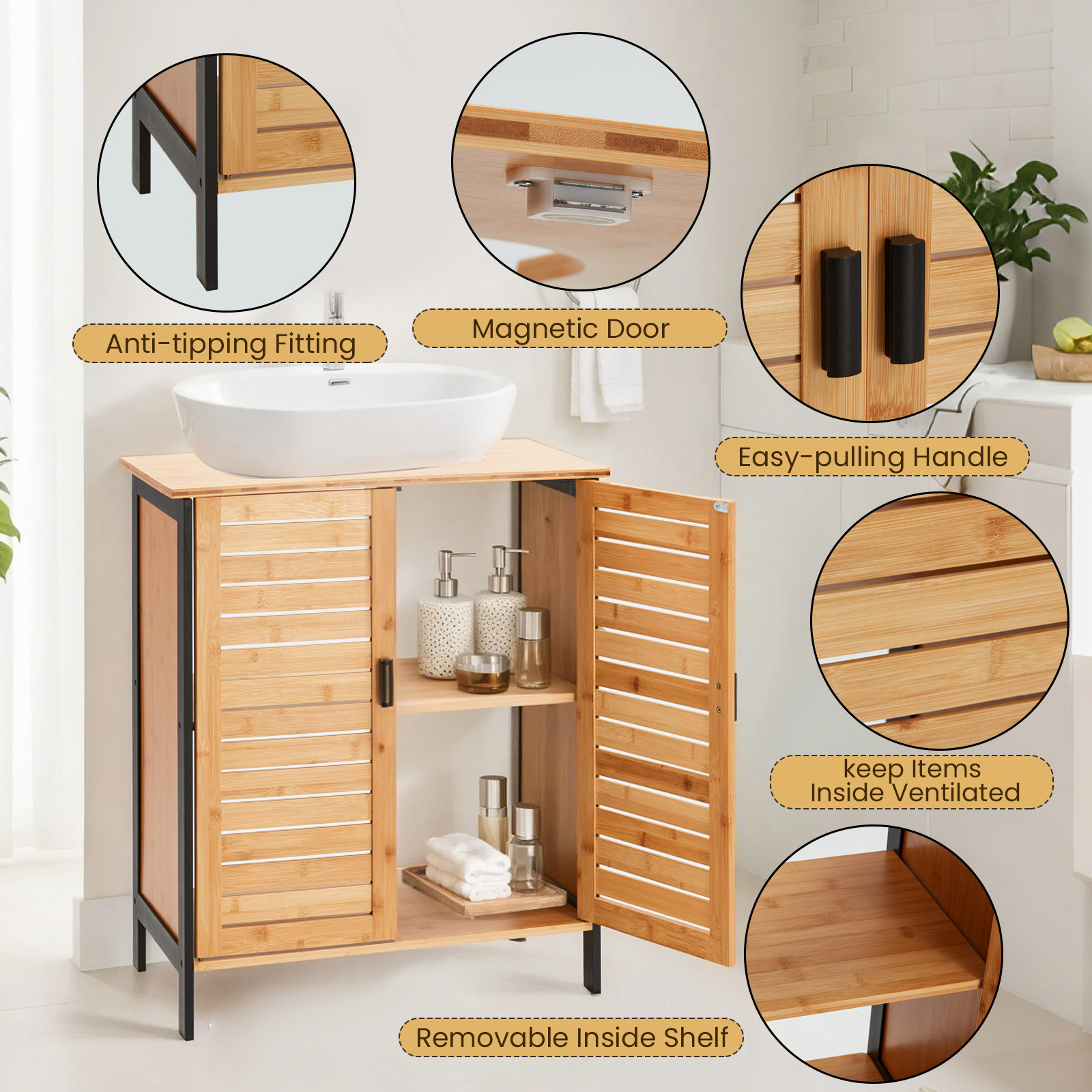 Danrelax 24″ Bamboo Under-Sink Vanity Cabinet Sliding Door & Adjustable Shelf