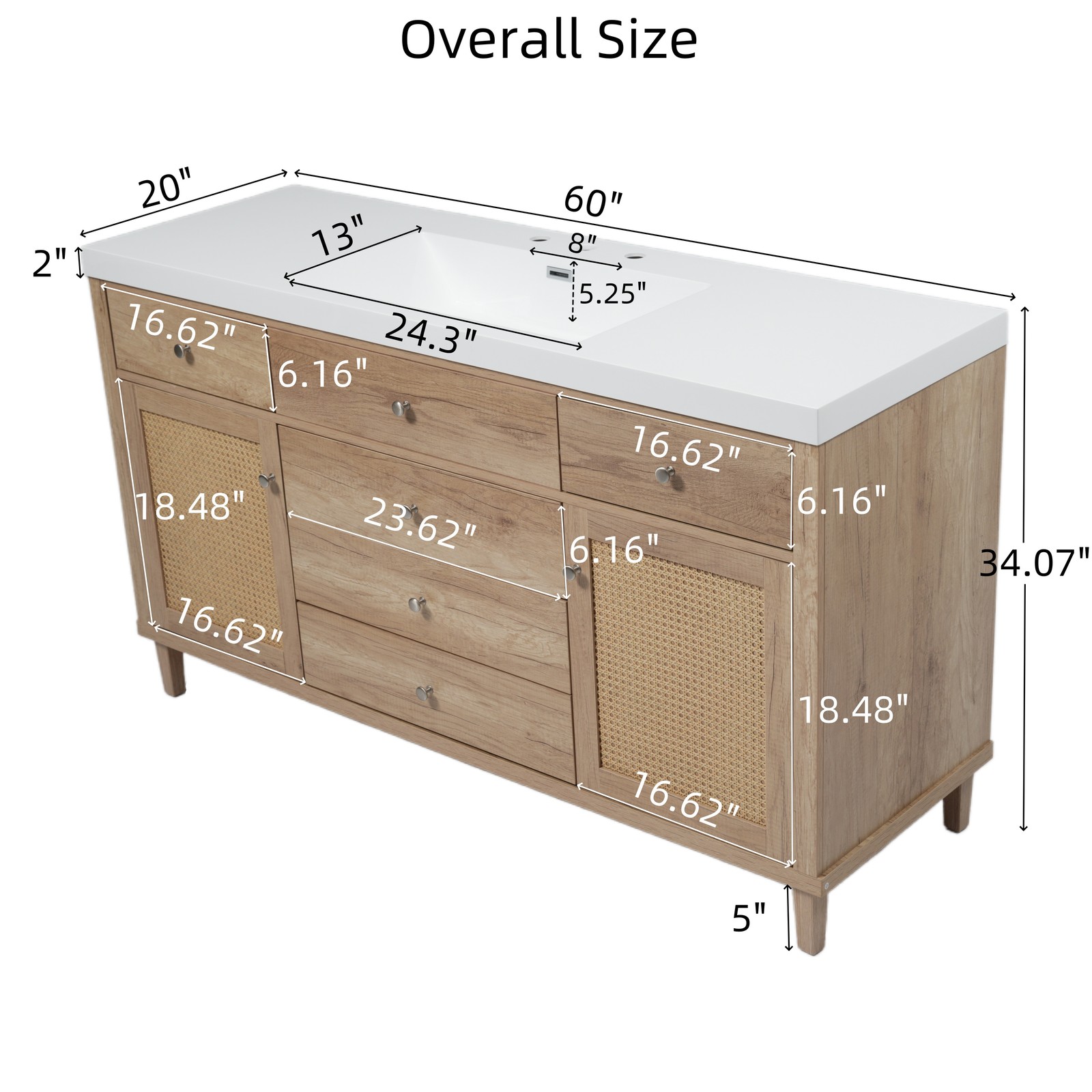 60″ Wooden Bathroom Vanity Cabinet with SMC Sink Storage Drawers Rattan Doors