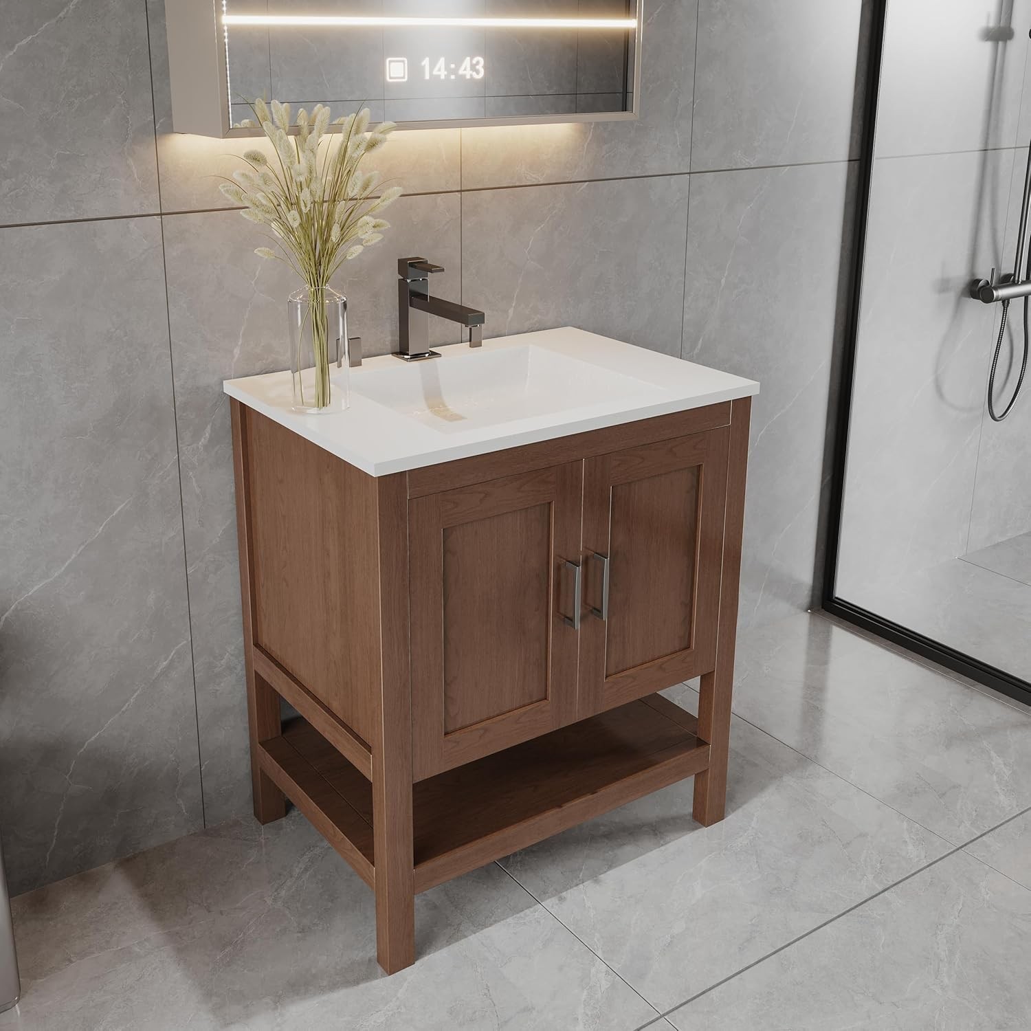 36″ Natural Wood Bathroom Vanity Base Only – Freestanding Solid Wood Sink