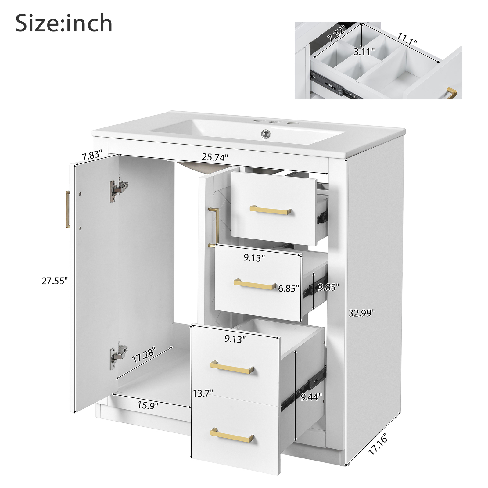 30” Freestanding Bathroom Vanity with Ceramic Sink 2 Doors and 3 Drawers White