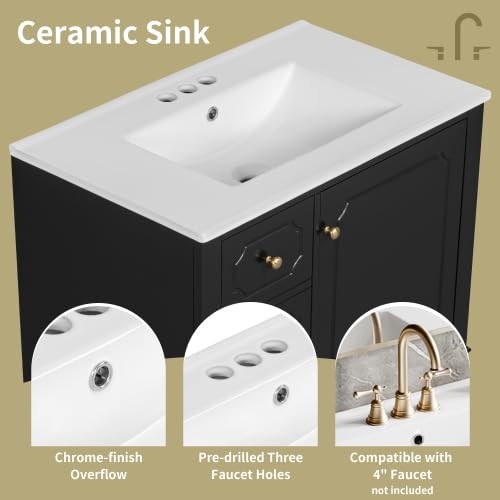 Bellemave 30″ Bathroom Vanity with Ceramic Sink & 3 Drawers, Bathroom Cabinet…