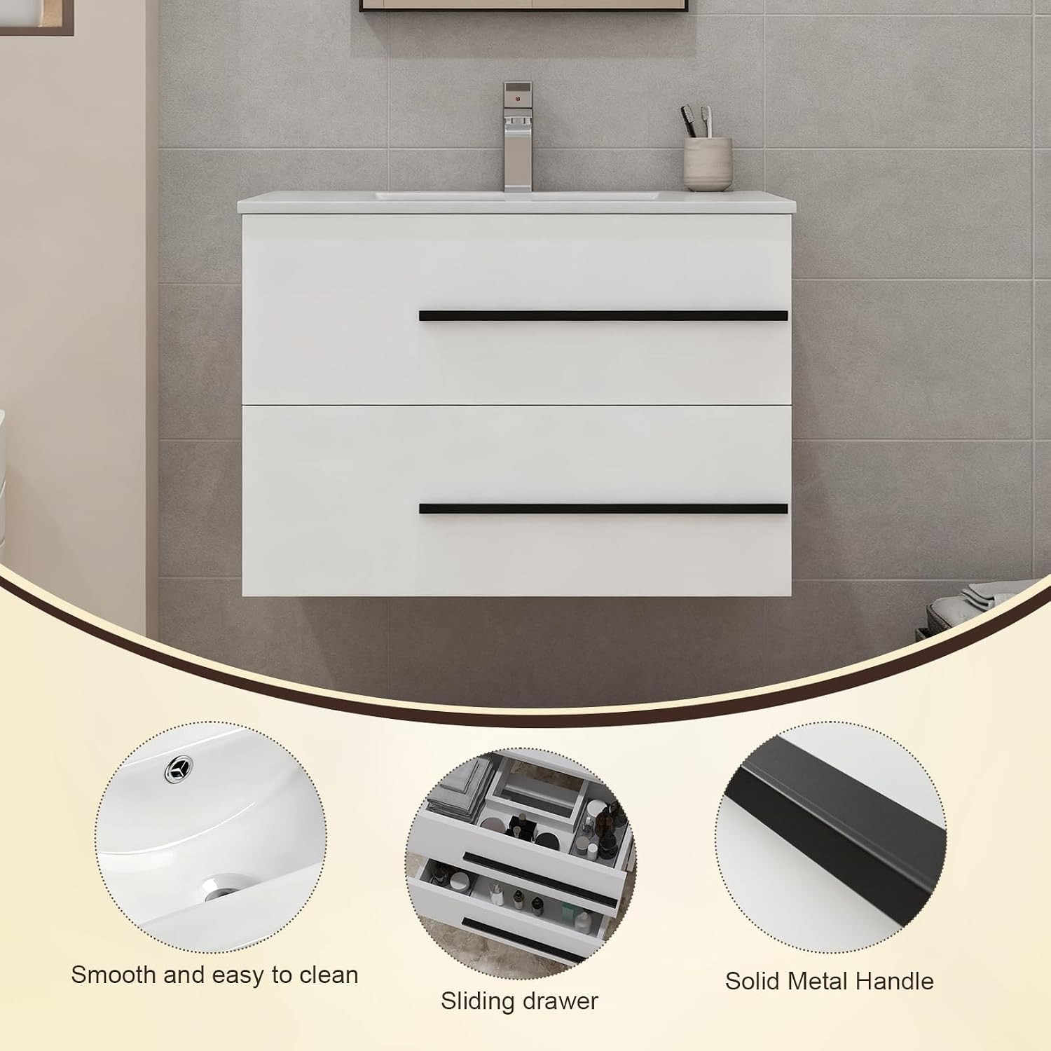 30 inch Floating Bathroom Vanity with Sink Space Saving Fluted Design for Small