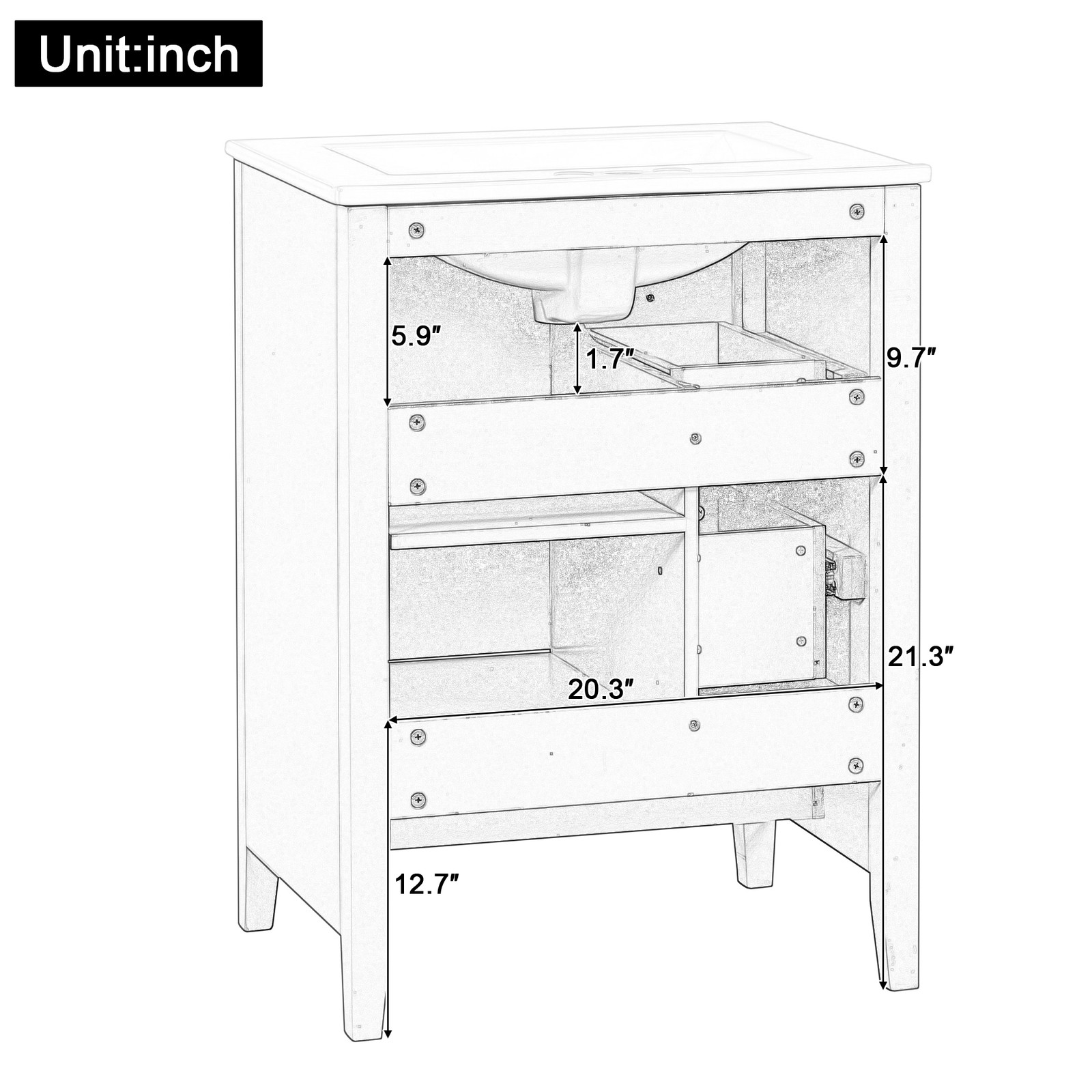 24″ Bathroom Vanity w/Storage, Adjustable Shelf Modern Bathroom Storage Cabinet