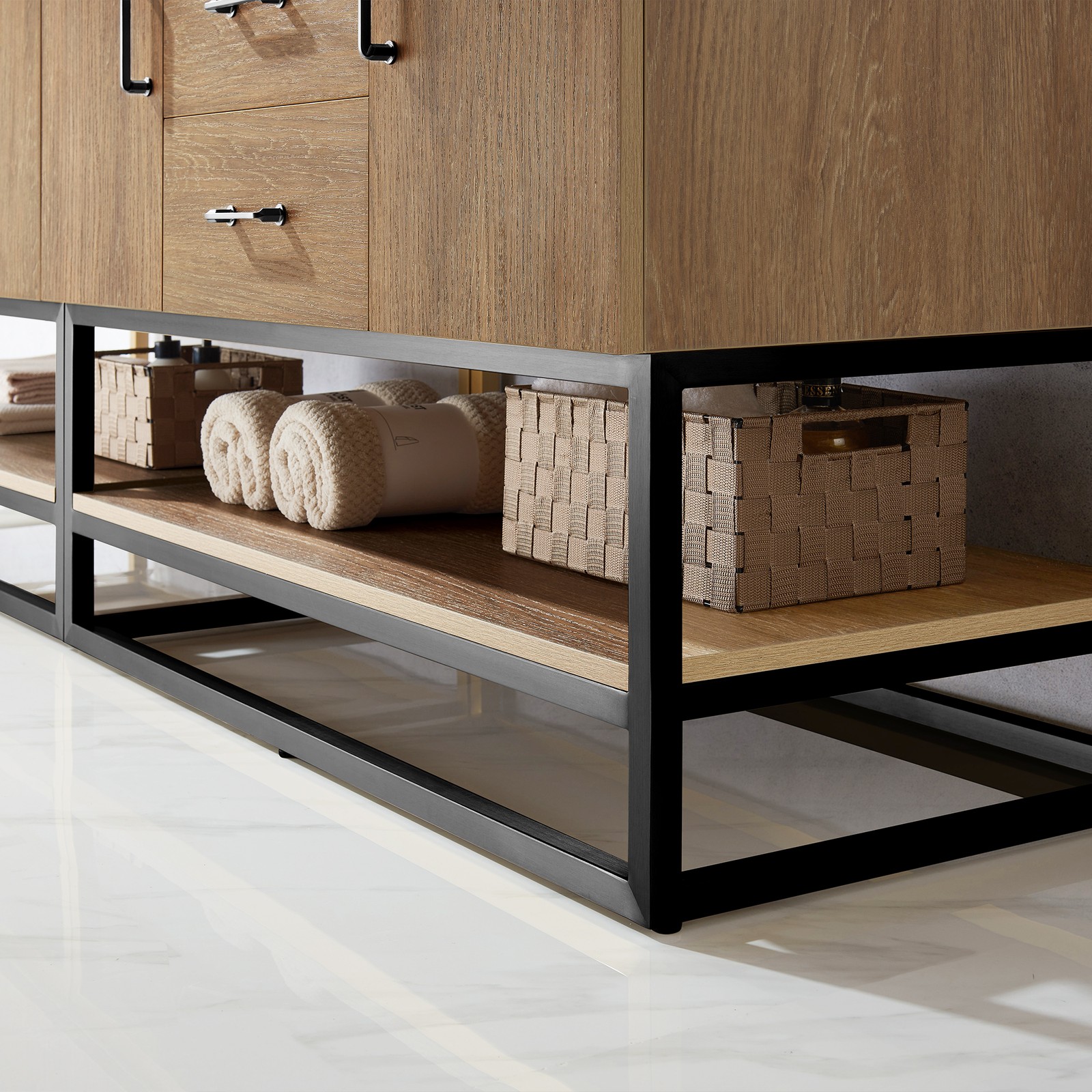 Vinnova Alistair 84″ White Stone Top Oak Double Vanity Black Frame w/o Mirror