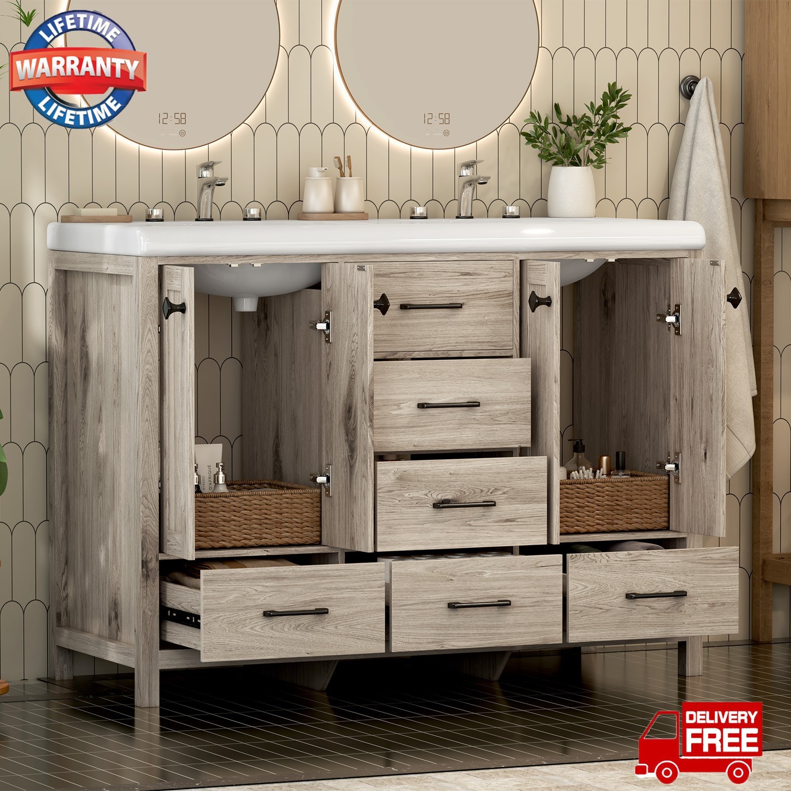 46.7″ Bathroom Vanity Double Sink Ceramic Freestanding Cabinet Wood Grain Modern
