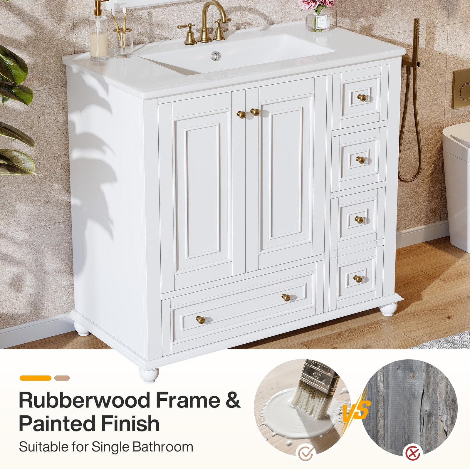 36” Bathroom Vanity with Ceramic Sink，Modern Wood Storage Cabinet with Drawers