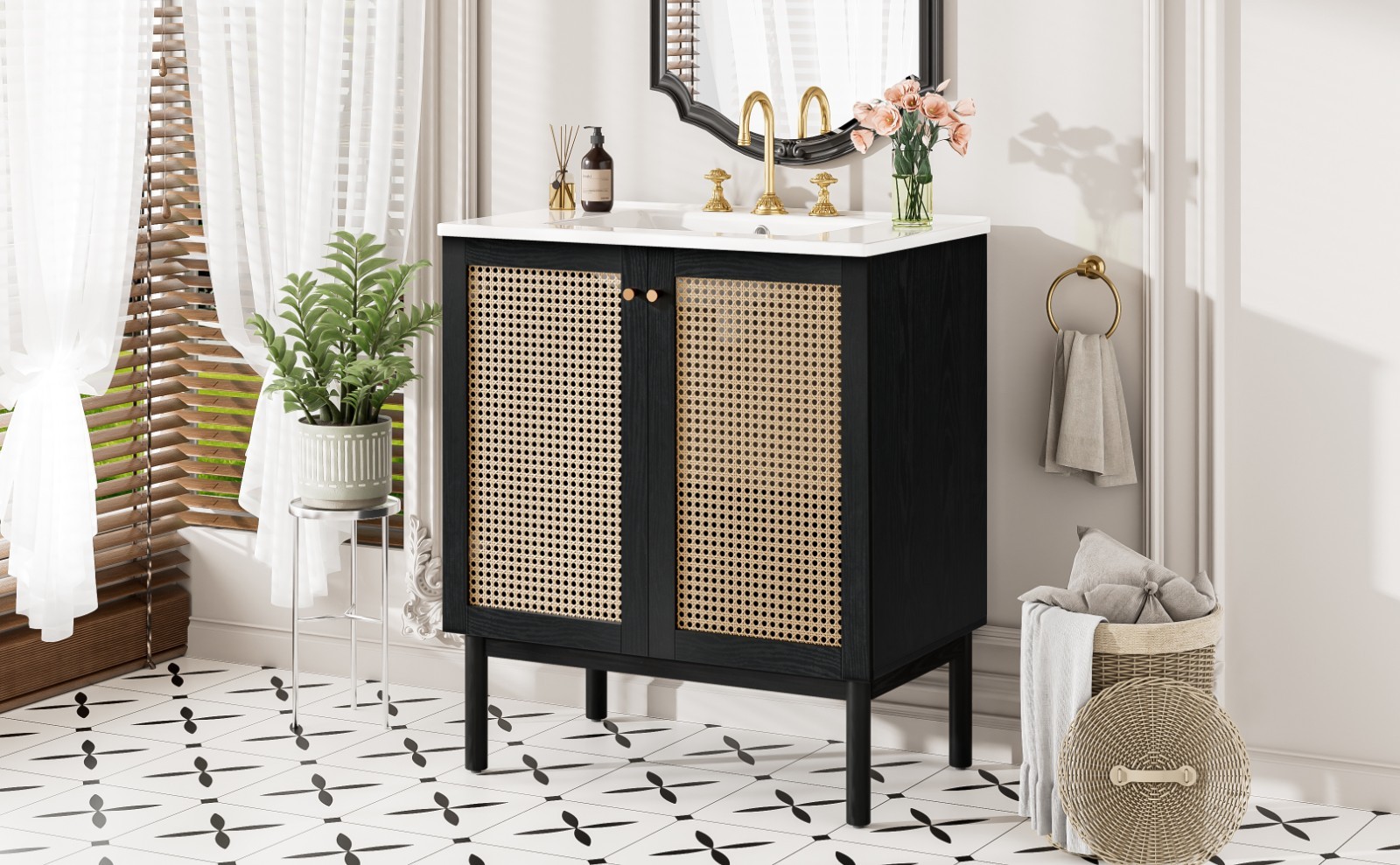 30″ Bathroom Vanity w/ Sink, Freestanding Vanity Storage Cabinet, 2 Rattan Doors