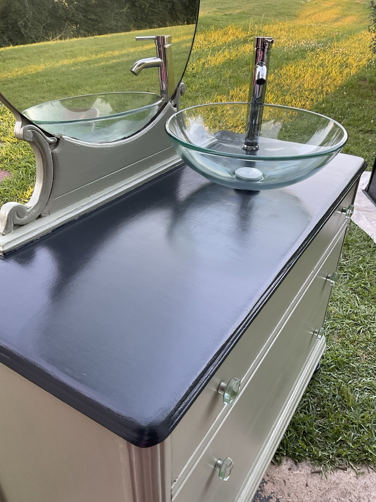 Green & Gray Dresser Repurposed Into Bathroom Vanity With Clear Glass Sink