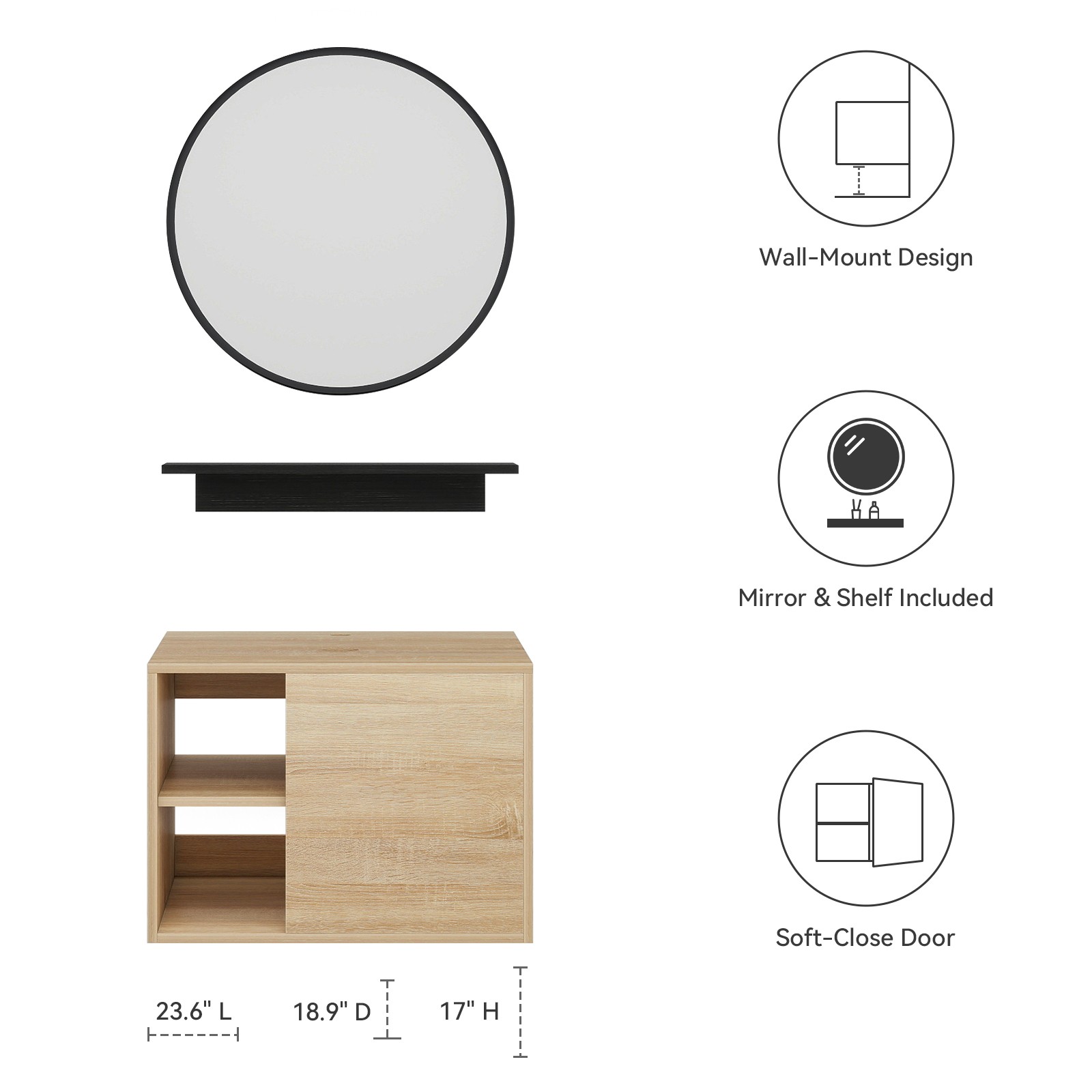 24″ Bathroom Vanity Set Wall Mounted Floating Storage Cabinet Open Shelves Sink