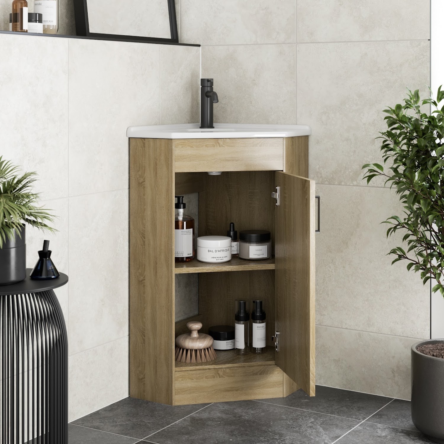 Bathroom Single Door Corner Vanity Unit Basin 1 Tap Hole Freestanding 585mm Oak
