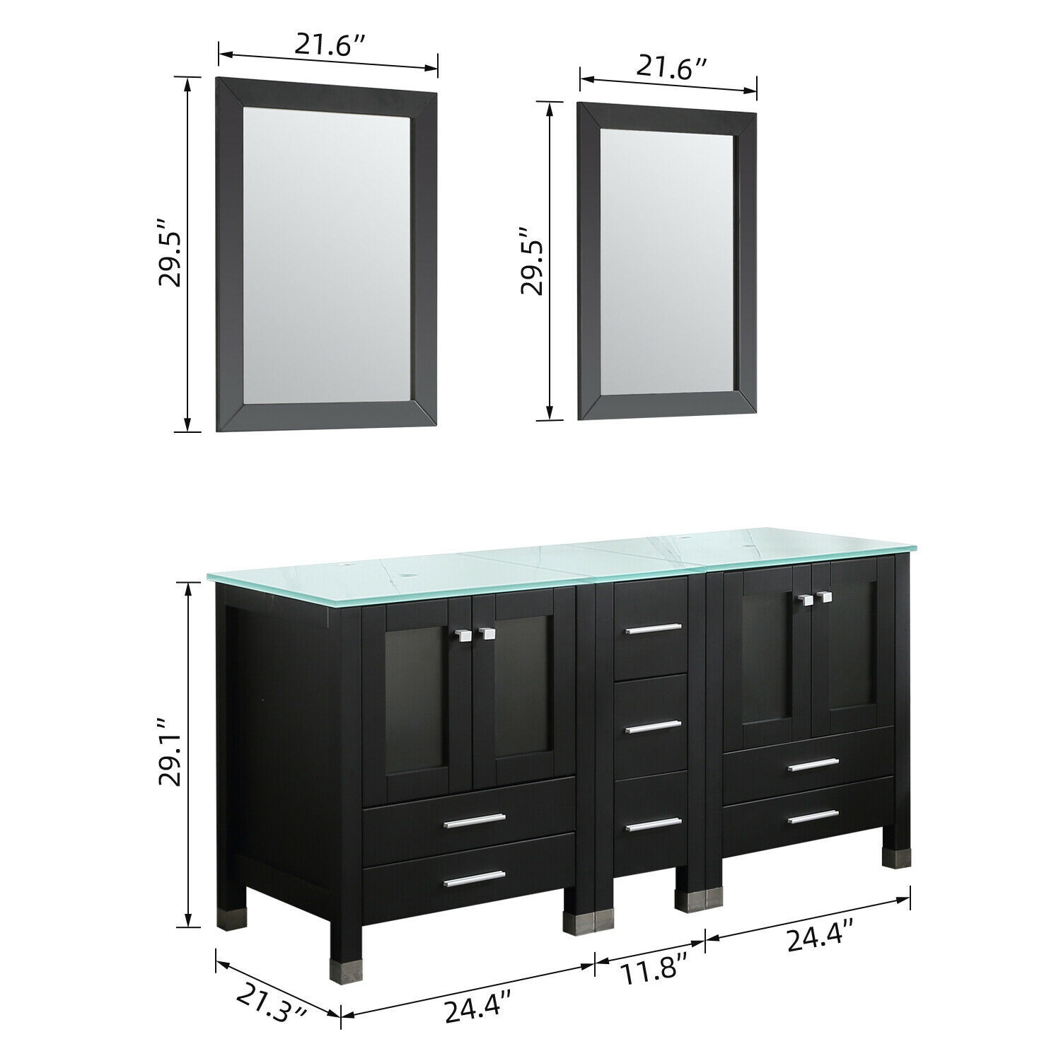 60″ Double Bathroom Vanity Black Cabinet Glass Vessel Sink Bowl Mirror w/Faucet