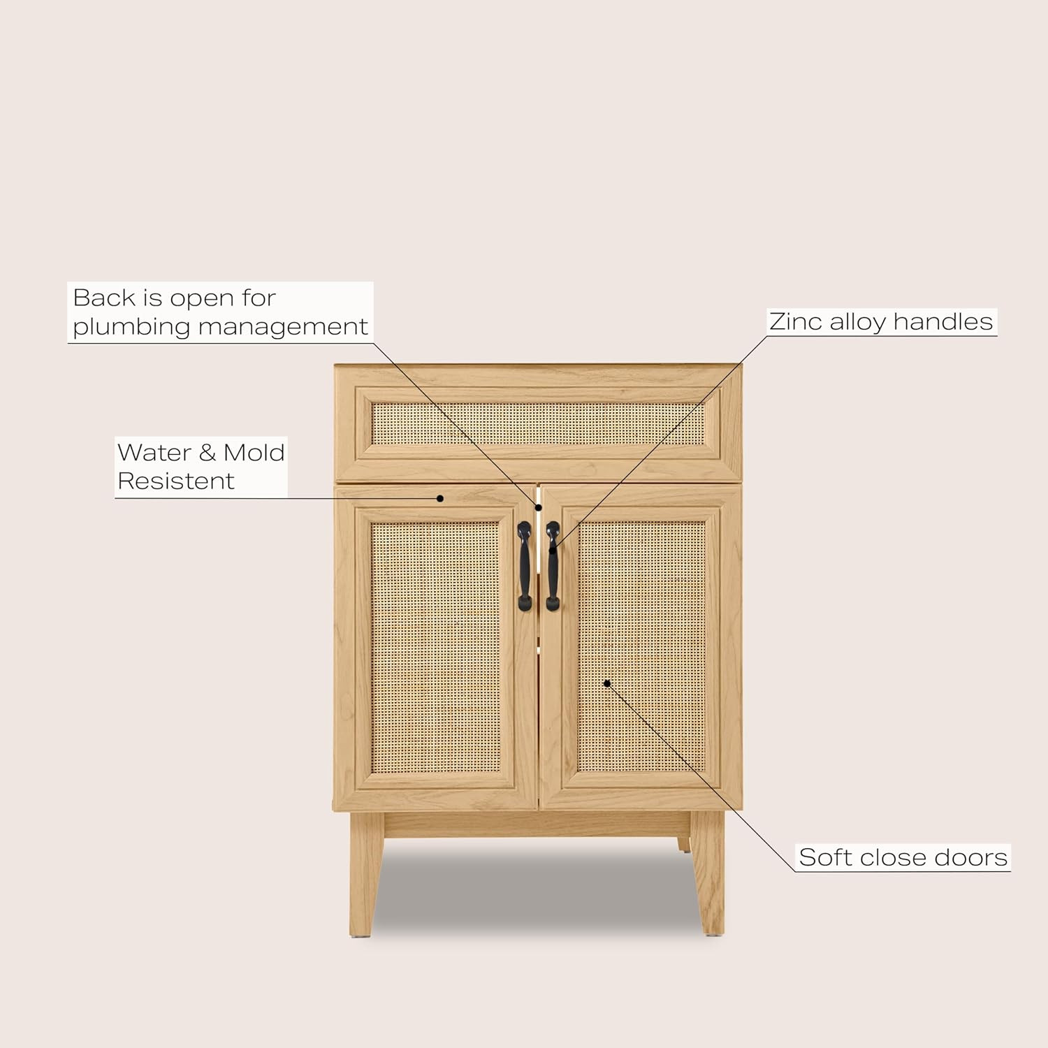 Modern Farmhouse Rattan Bath Vanity Cabinet, 24″ W, Oak, 2 Shelves