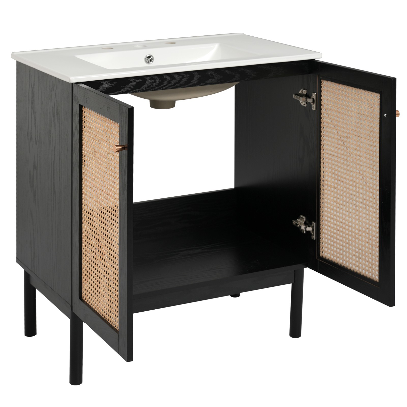 30″ Bathroom Vanity w/ Sink, Freestanding Vanity Storage Cabinet, 2 Rattan Doors