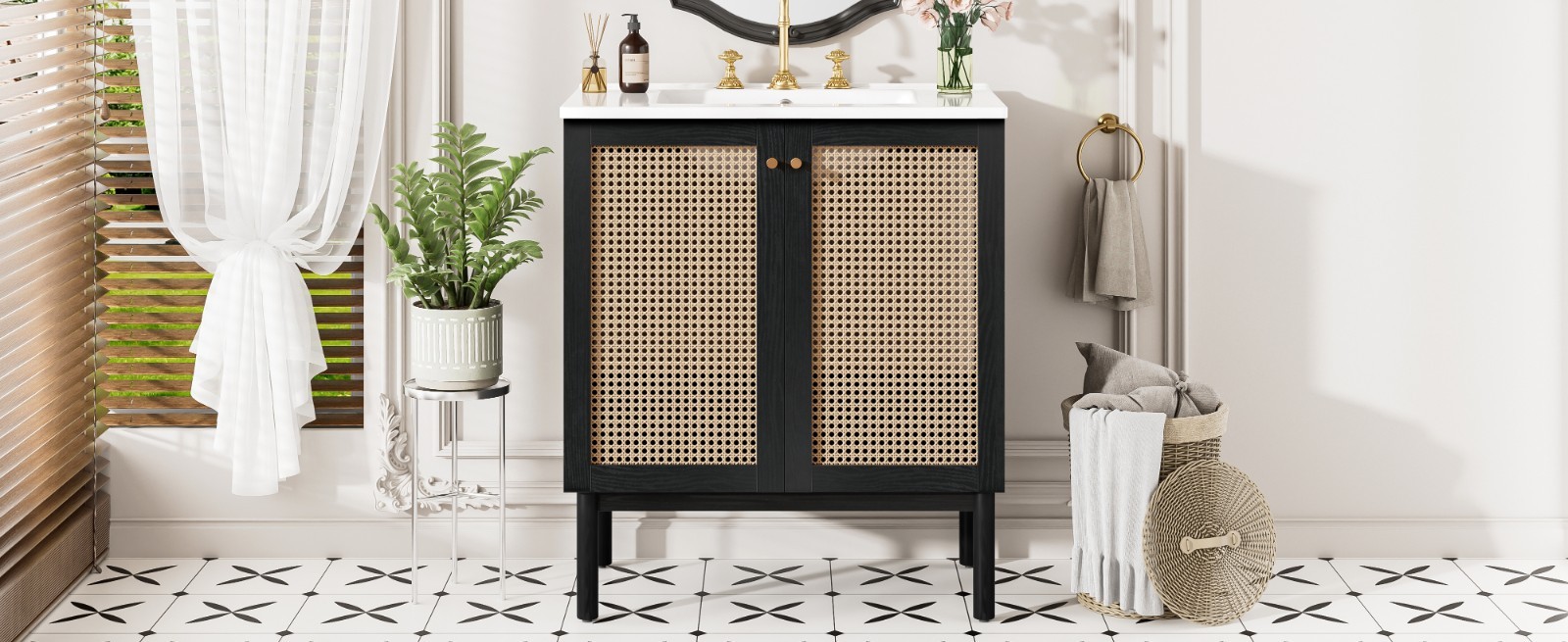 30″ Bathroom Vanity w/ Sink, Freestanding Vanity Storage Cabinet, 2 Rattan Doors