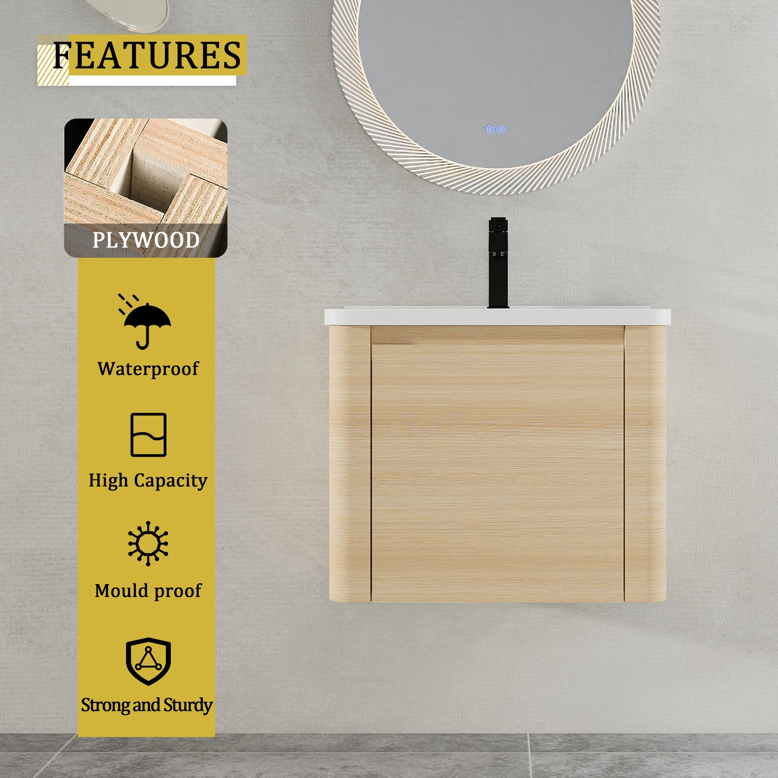 24” Plywood Wall-Mounted Bathroom Vanity Cabinet with White Ceramic Sink +Door