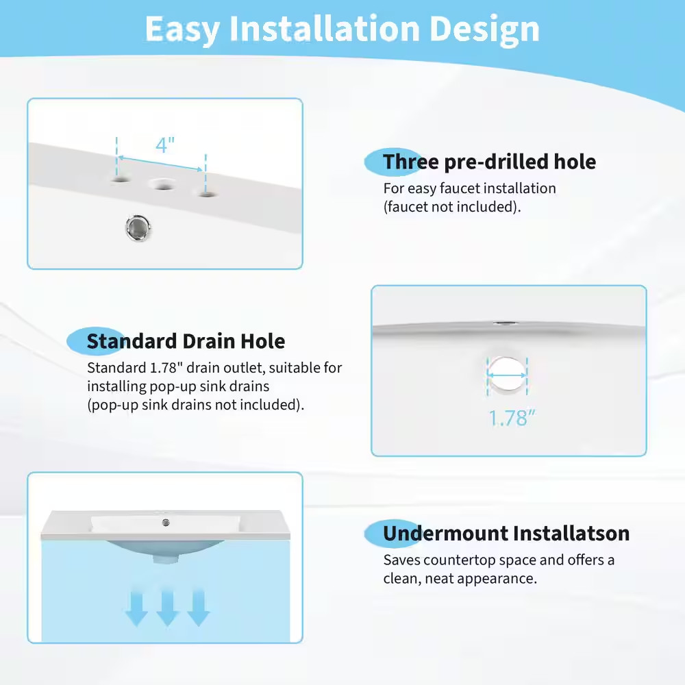 36 In. W X 18 In. D Rectangular 3 Hole Bathroom Sink Resin Vanity Top in White w