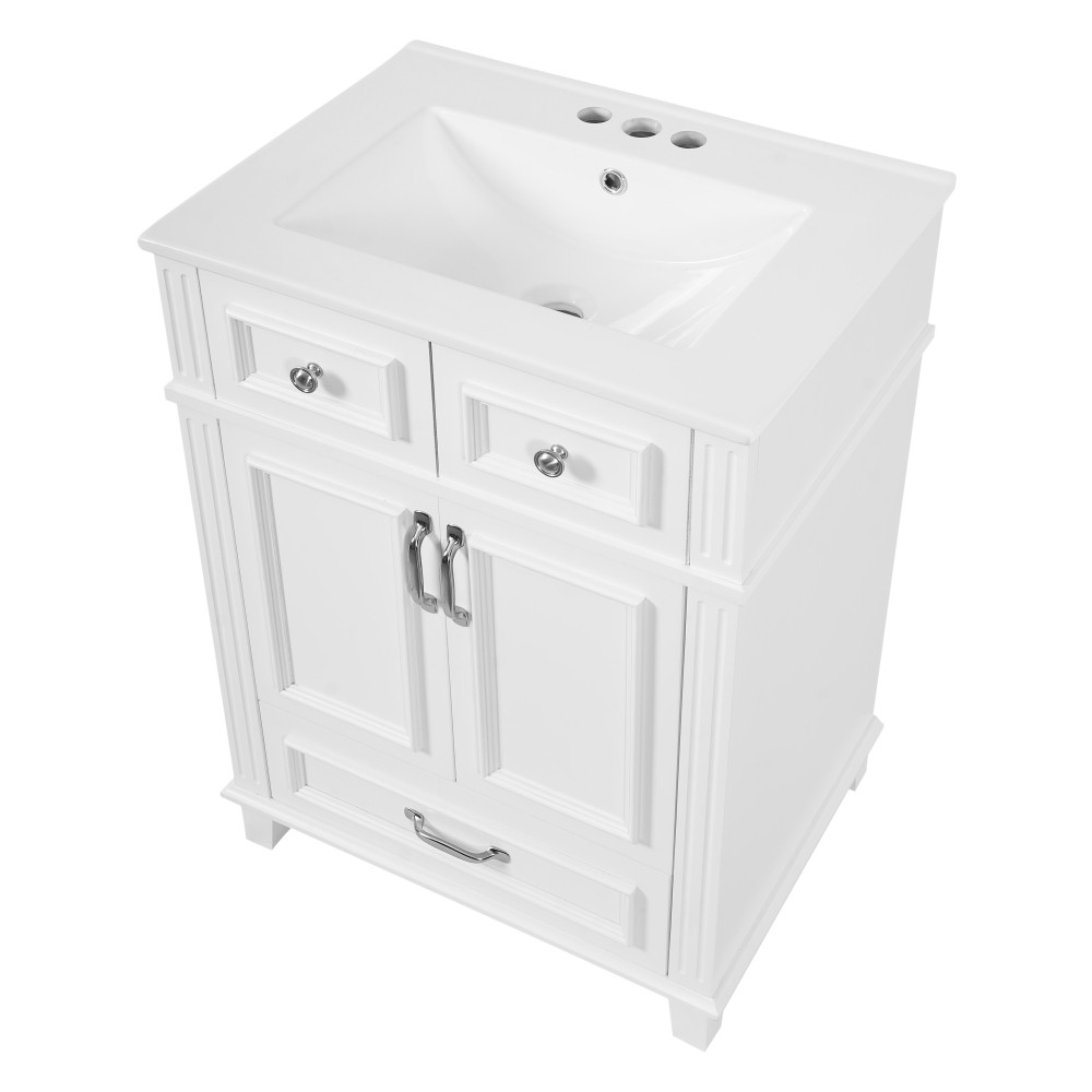 24″ Bathroom Vanity w/ Ceramic Sink, Solid Wood Frame, Soft Close Doors, White