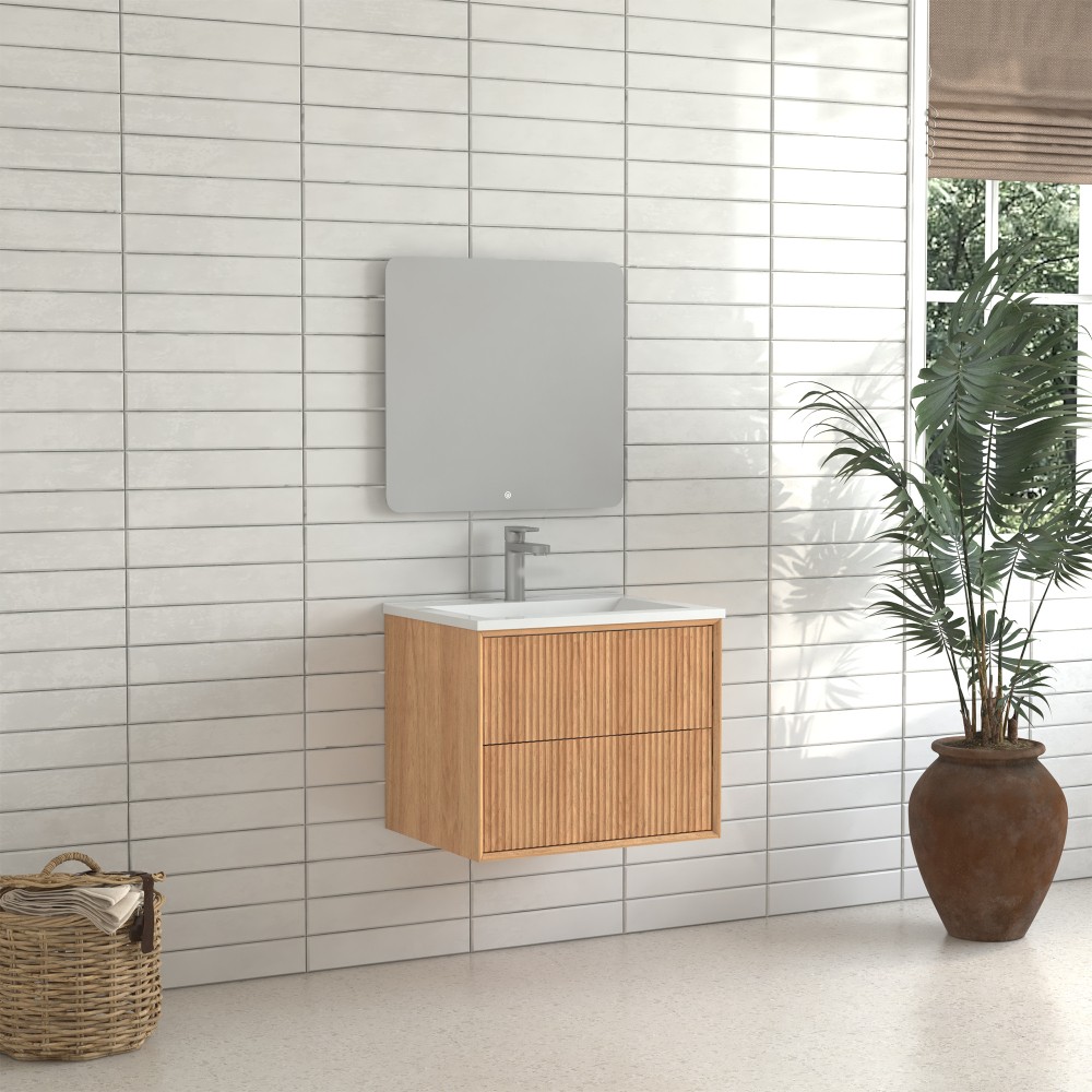 24 Inch Walnut Floating Bathroom Vanity Wall Mounted Solid Wood Cabinet