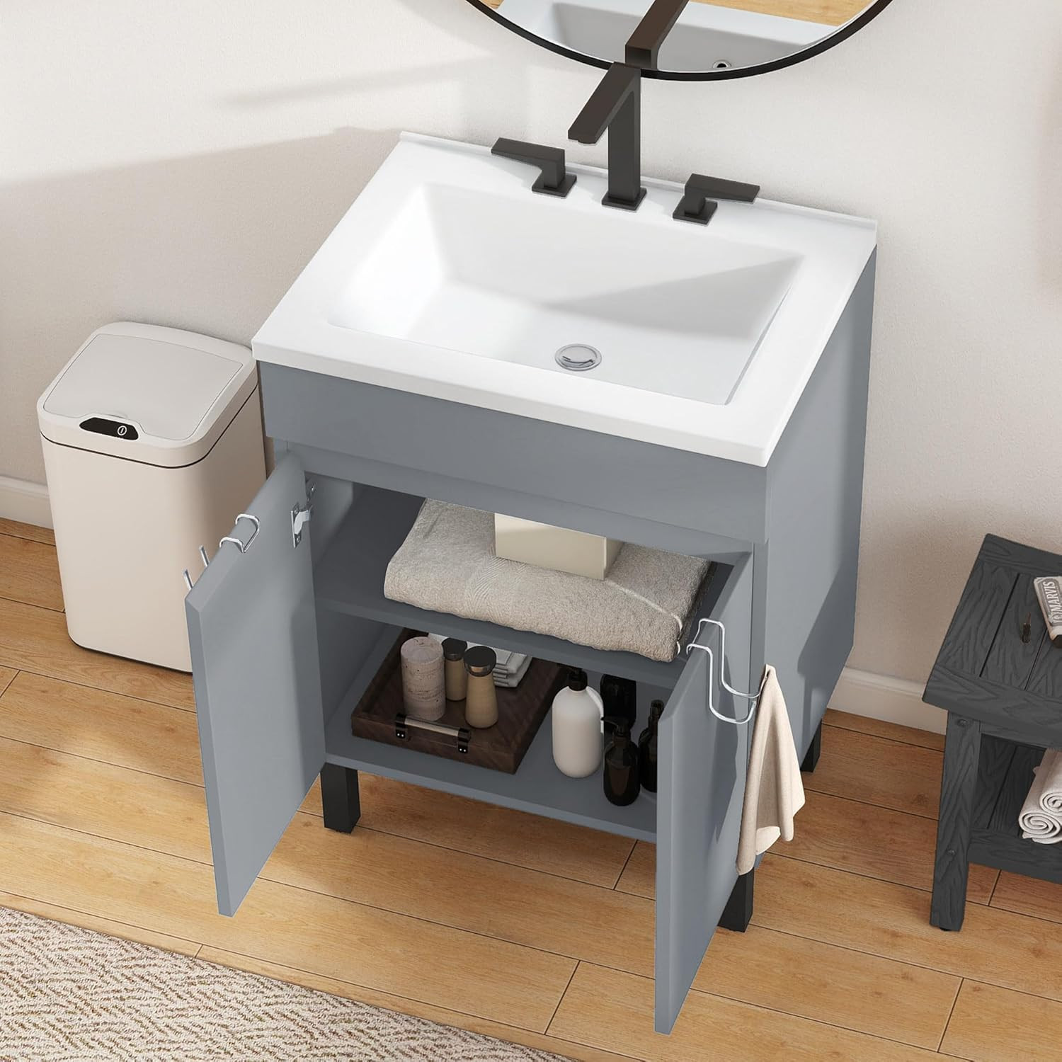 24 Inch Grey Bathroom Vanity with Undermount Sink, Small Bathroom Sink Cabinet,