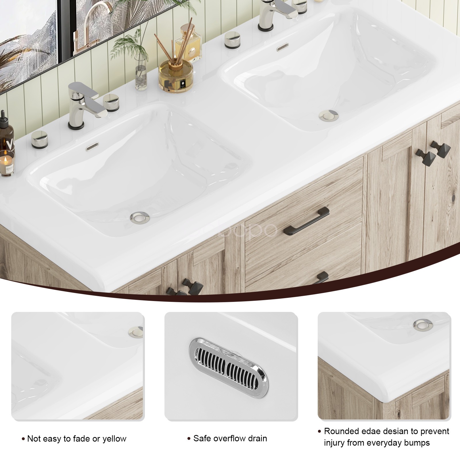 47 inch Bathroom Vanity Top w/ Double Sink Ceramic With Drawers Freestanding