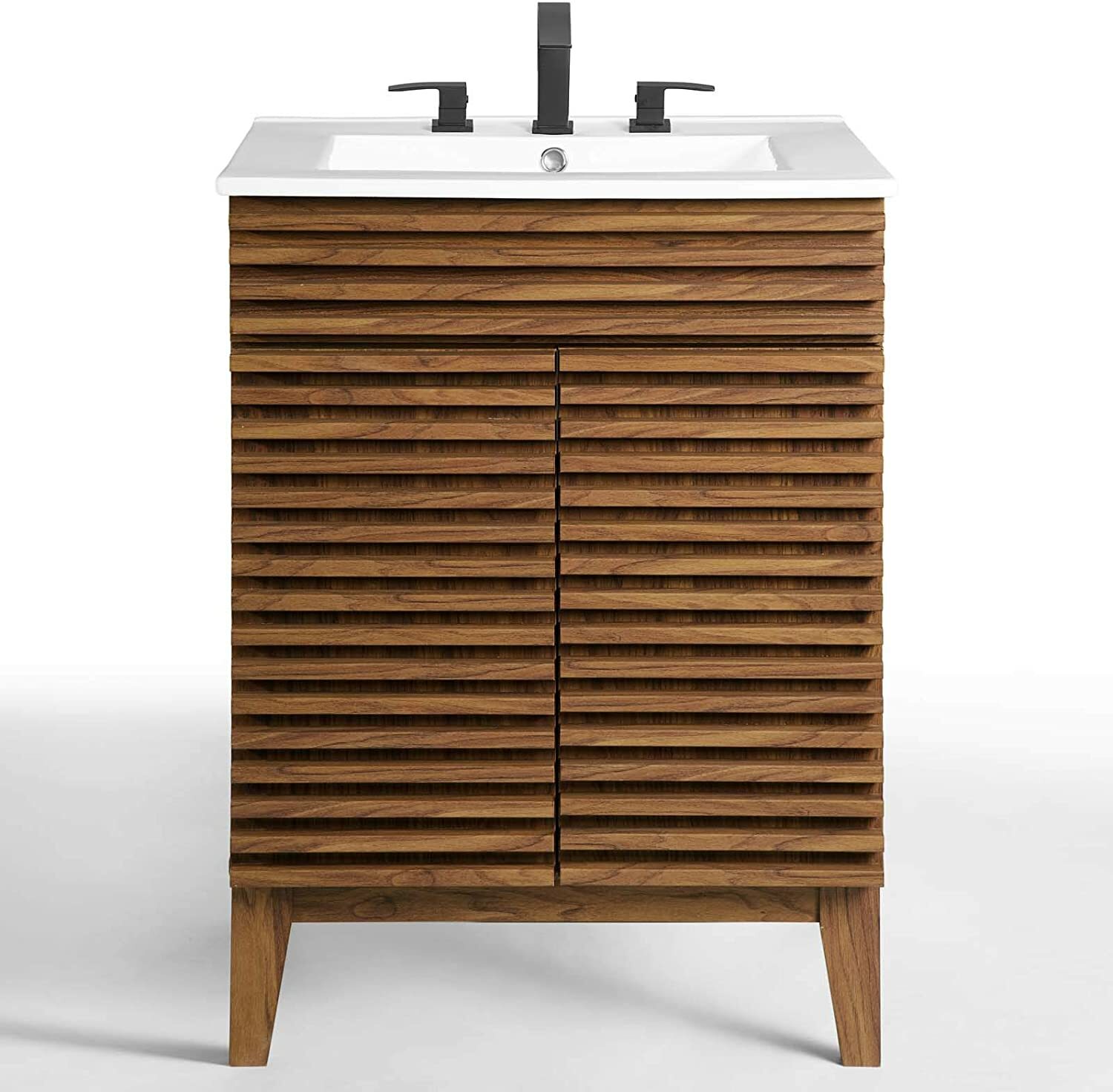 Mid-Century Modern Bathroom Vanity Walnut Grain Laminate Tapered Legs White Sink