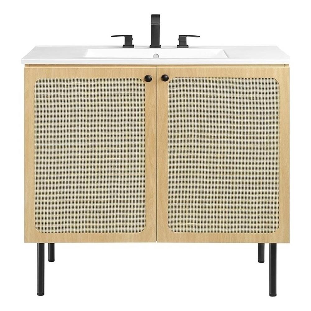 Modway Chaucer 36″ Wood & Rattan Bathroom Vanity in Oak/White