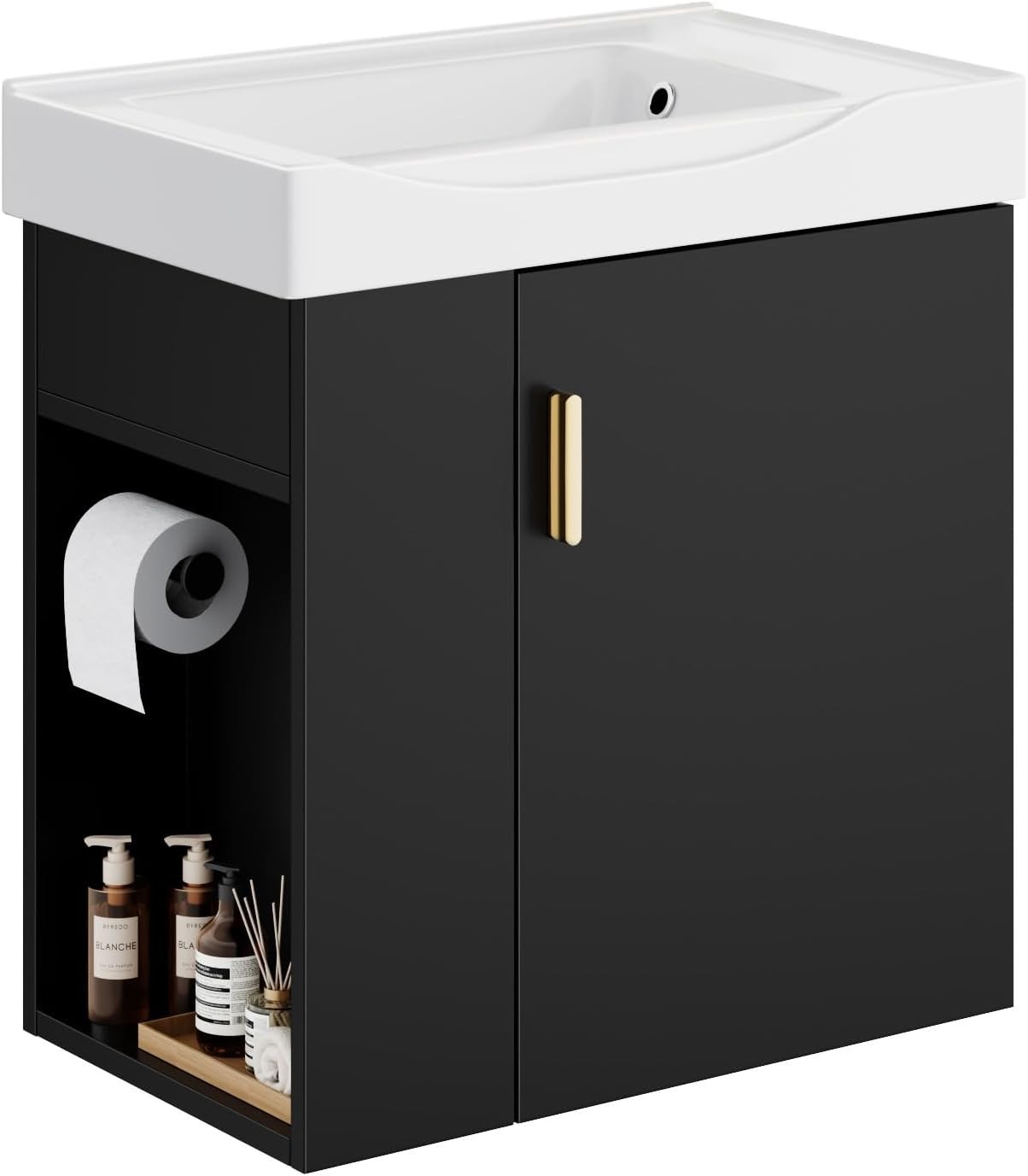 Compact Black Bathroom Vanity 20 Inch Floating Wall Mount Soft Close Door