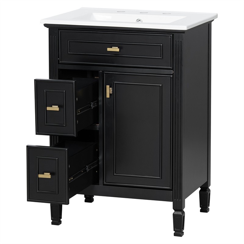 24-In Modern Bathroom Vanity with Ceramic Sink,Black Wood Cabinet with 3 Drawers