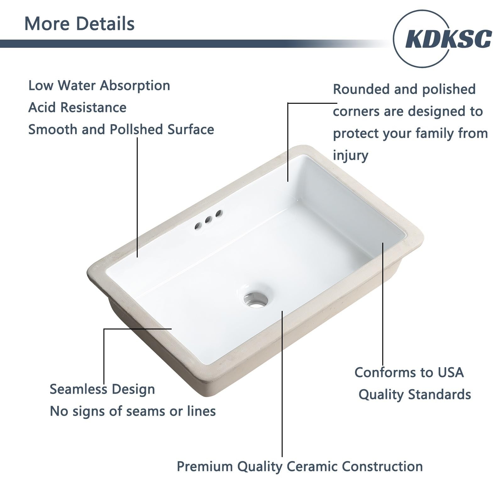 KDKSC 22 Inch Undermount Bathroom Sink Rectangular Undermount Sink White Cera…