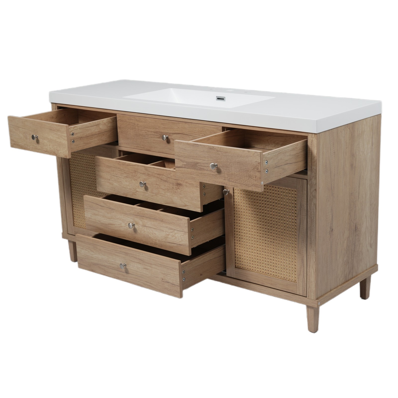 60″ Wooden Bathroom Vanity Cabinet with SMC Sink Storage Drawers Rattan Doors