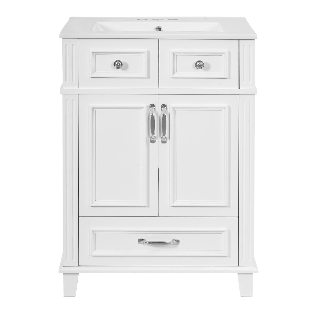 24″ Bathroom Vanity w/ Ceramic Sink, Solid Wood Frame, Soft Close Doors, White
