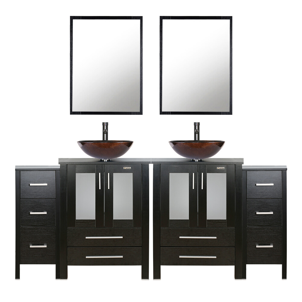 72″ Black Bathroom Vanity Set Side Cabinet Vessel Glass Sink Combo No Mirror